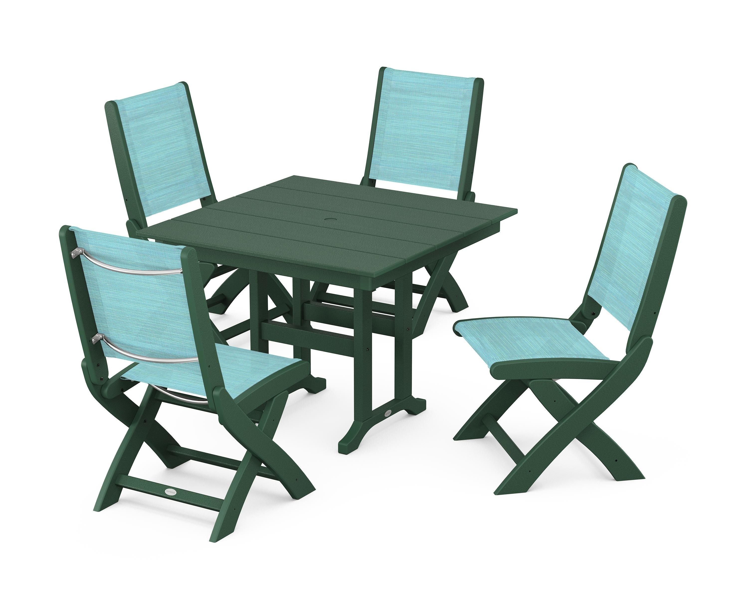 POLYWOOD Coastal Folding Side Chair 5-Piece Farmhouse Dining Set in Green / Dupioni Aquamarine Sling