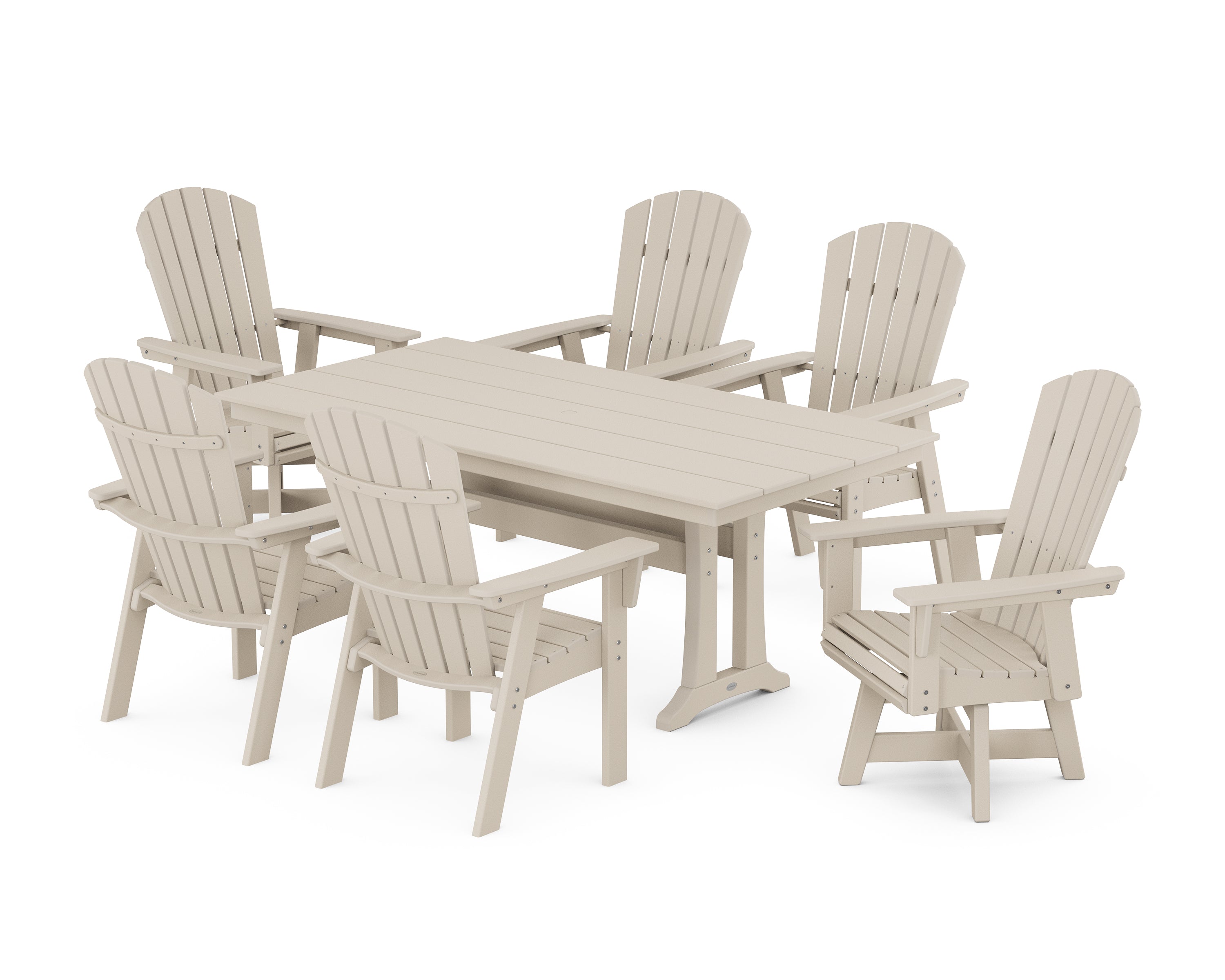 POLYWOOD® Nautical Curveback Adirondack Swivel Chair 7-Piece Farmhouse Dining Set With Trestle Legs in Sand