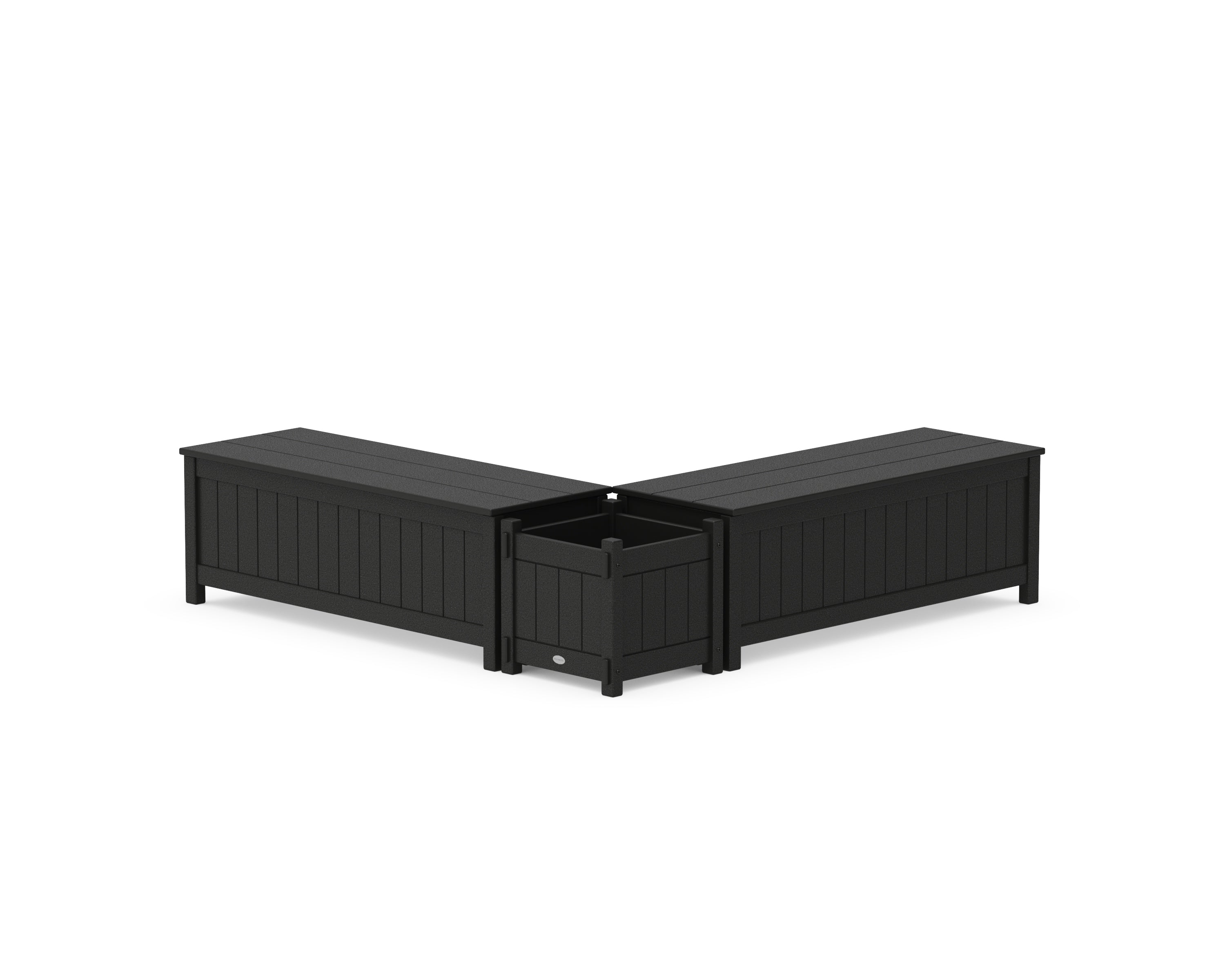 POLYWOOD 48" Vineyard L- Shaped Planter Storage Bench Set in Black