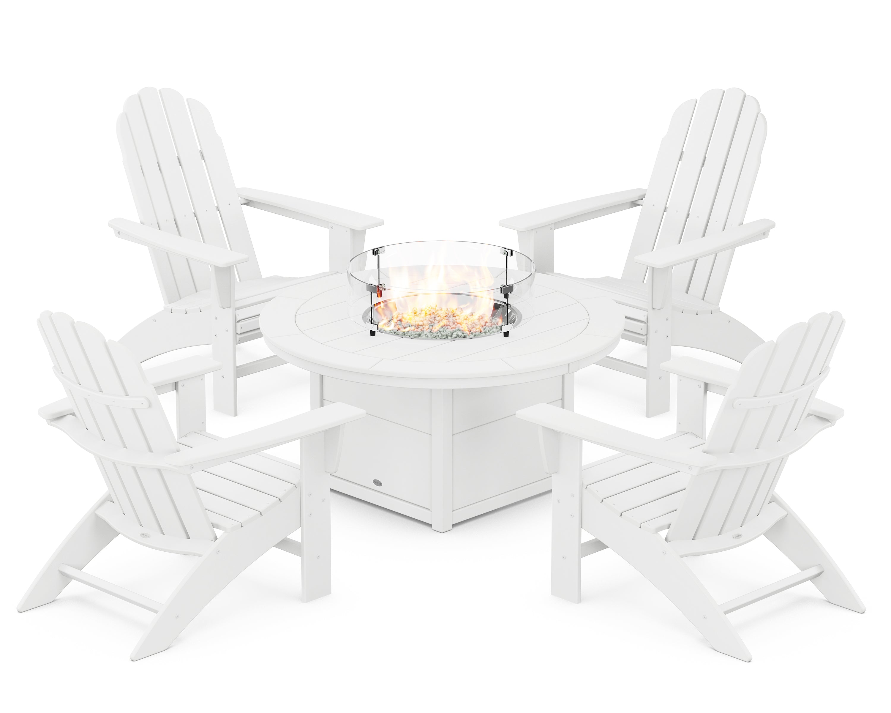 POLYWOOD® Vineyard Curveback Adirondack 5-Piece Conversation Set with Fire Pit Table in White