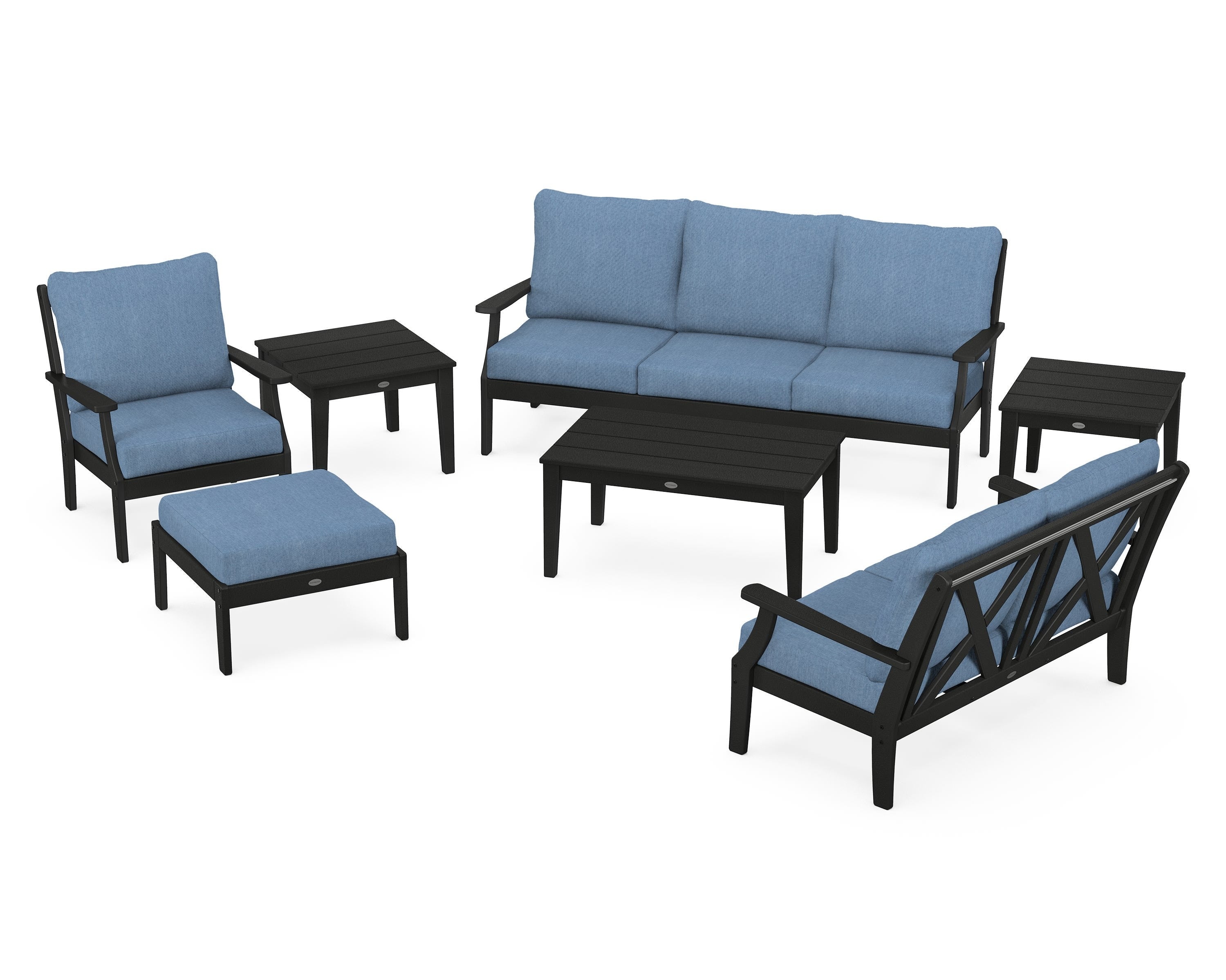 POLYWOOD Braxton 7-Piece Deep Seating Set in Black / Sky Blue