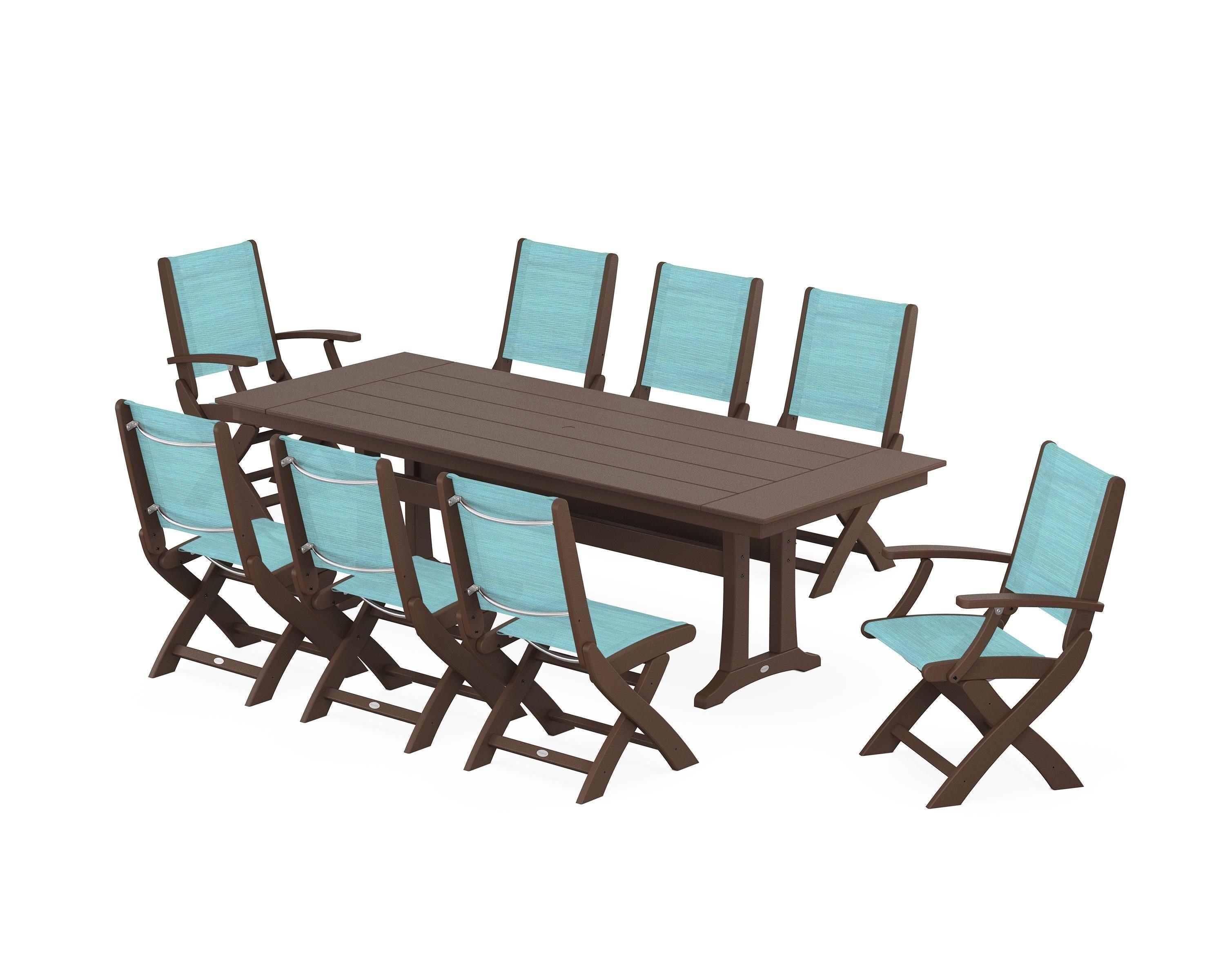 POLYWOOD Coastal 9-Piece Folding Dining Chair Farmhouse Dining Set with Trestle Legs in Mahogany / Dupioni Aquamarine Sling