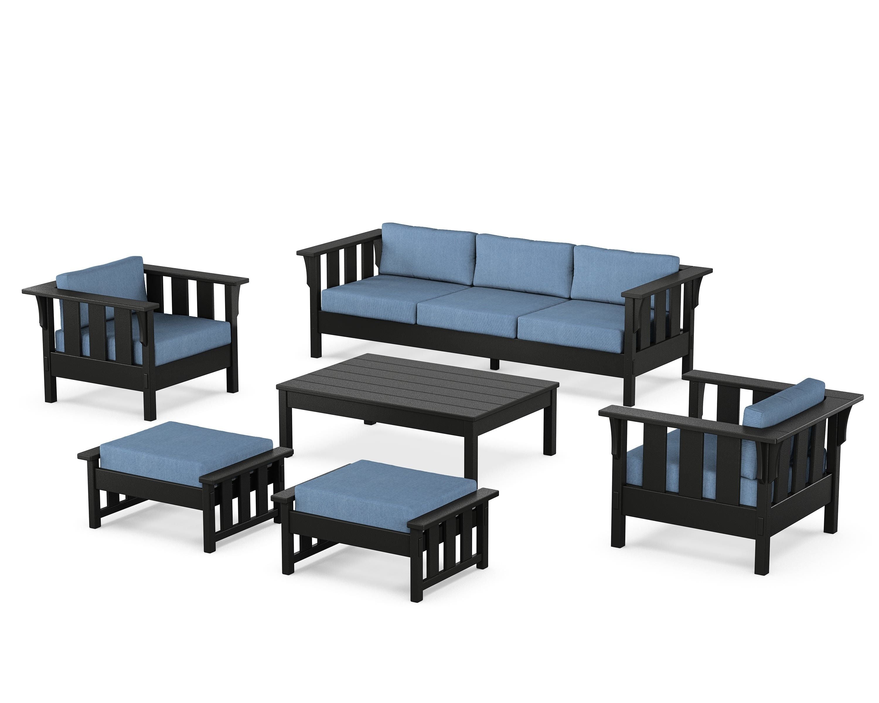Martha Stewart by POLYWOOD Acadia 6-Piece Lounge Sofa Set in Black / Sky Blue