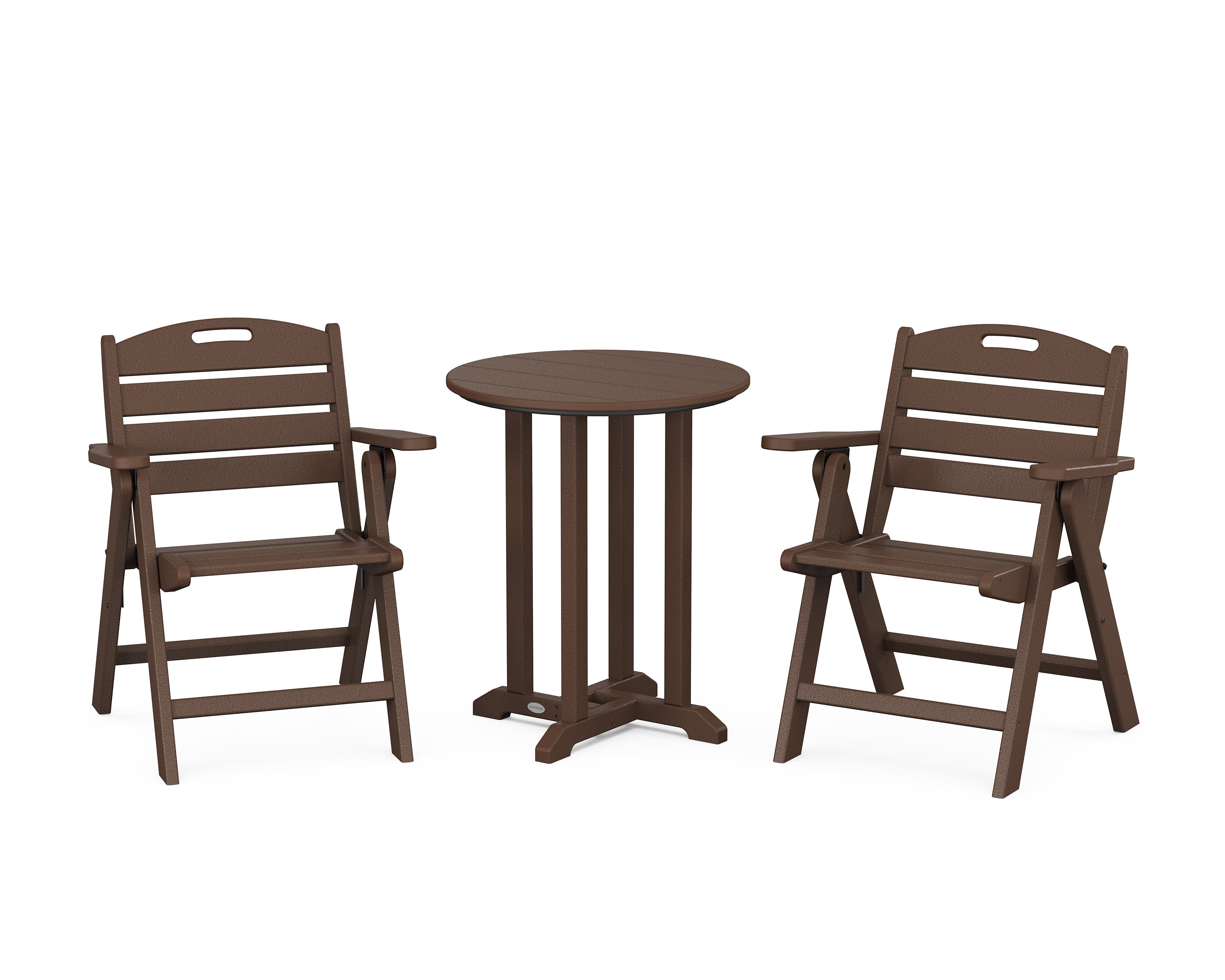 POLYWOOD Nautical Folding Lowback Chair 3-Piece Round Bistro Dining Set in Mahogany