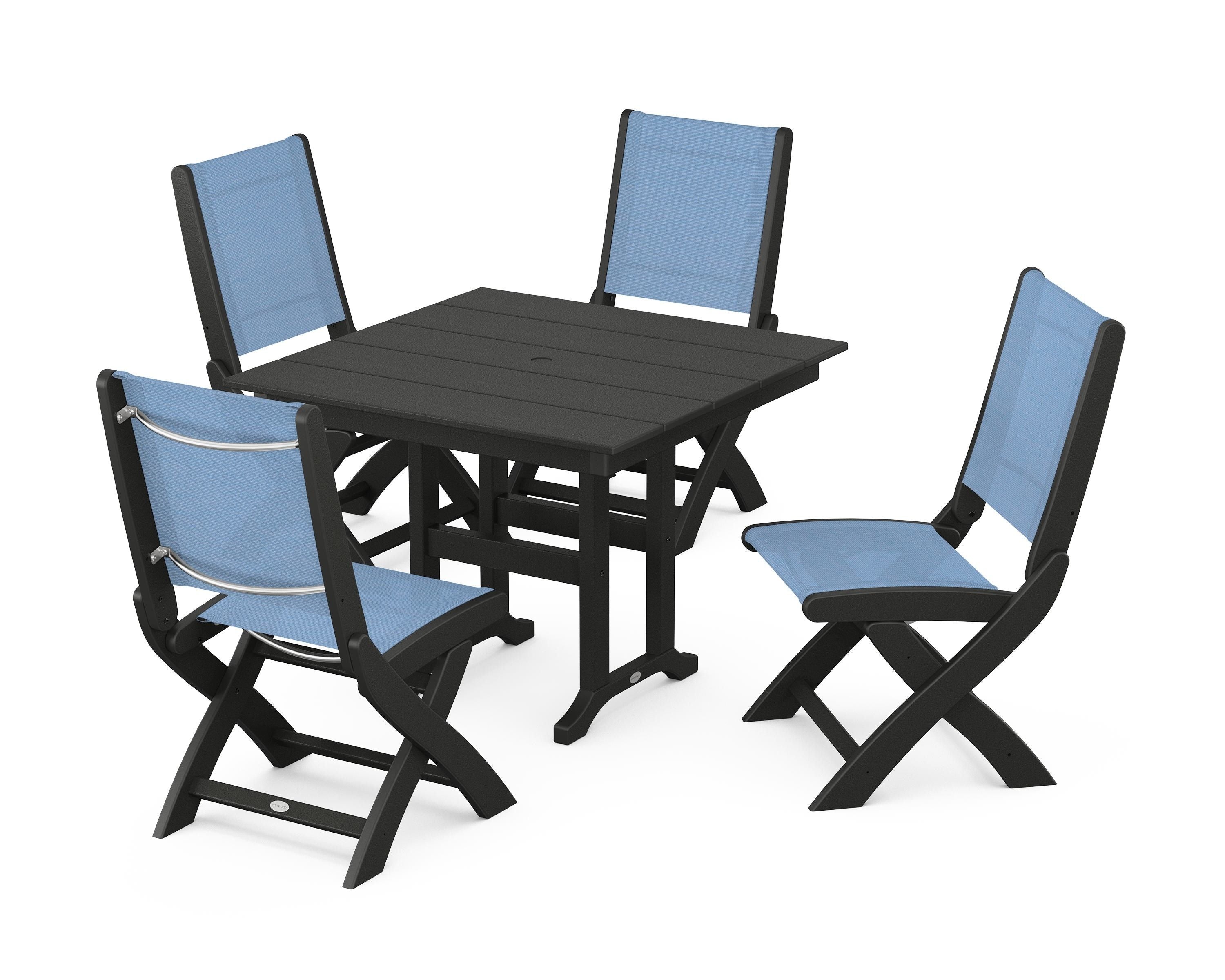 POLYWOOD Coastal Folding Side Chair 5-Piece Farmhouse Dining Set in Black / Poolside Sling