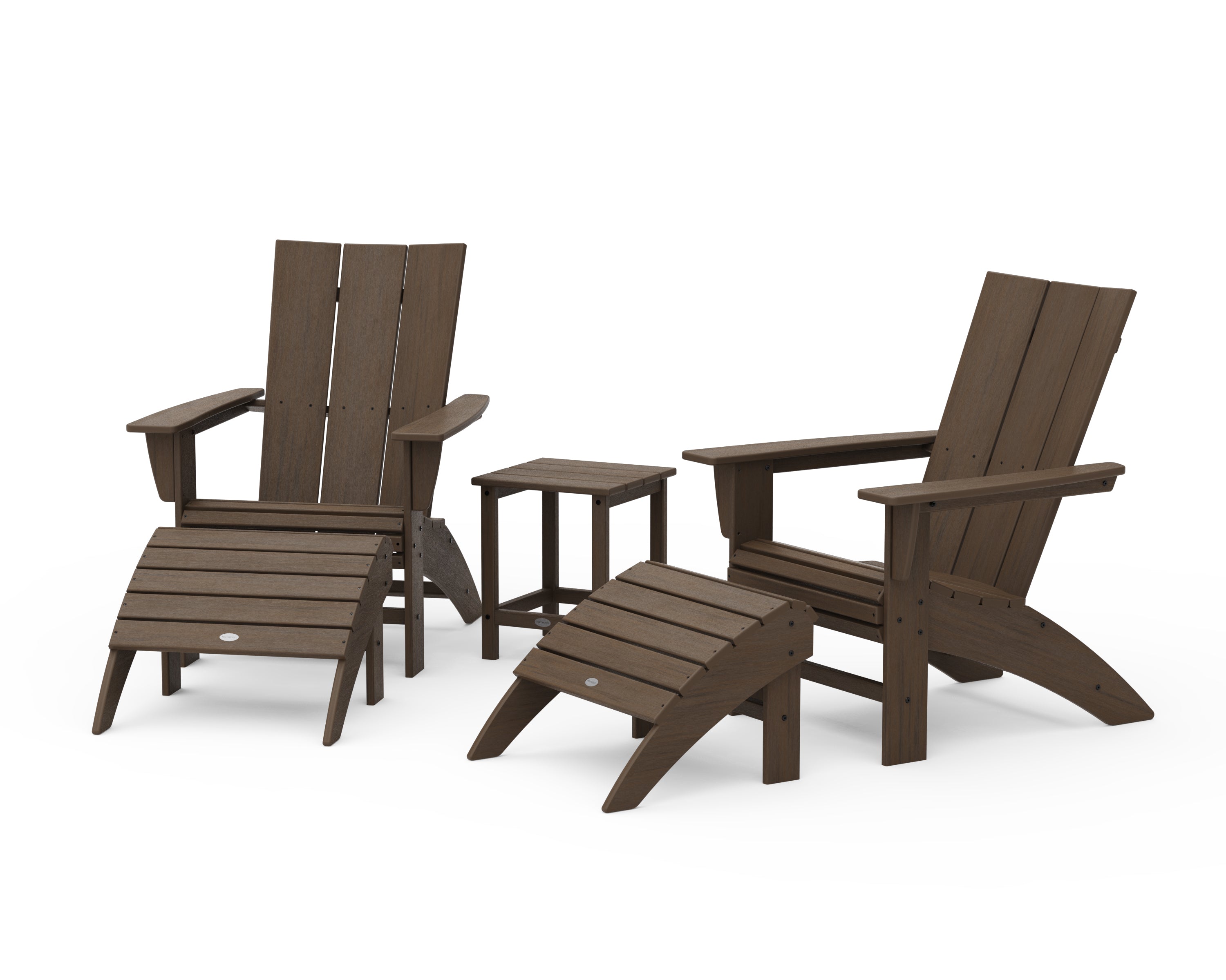 POLYWOOD Modern Curveback Adirondack Chair 5-Piece Set with Ottomans and 18" Side Table in Kona