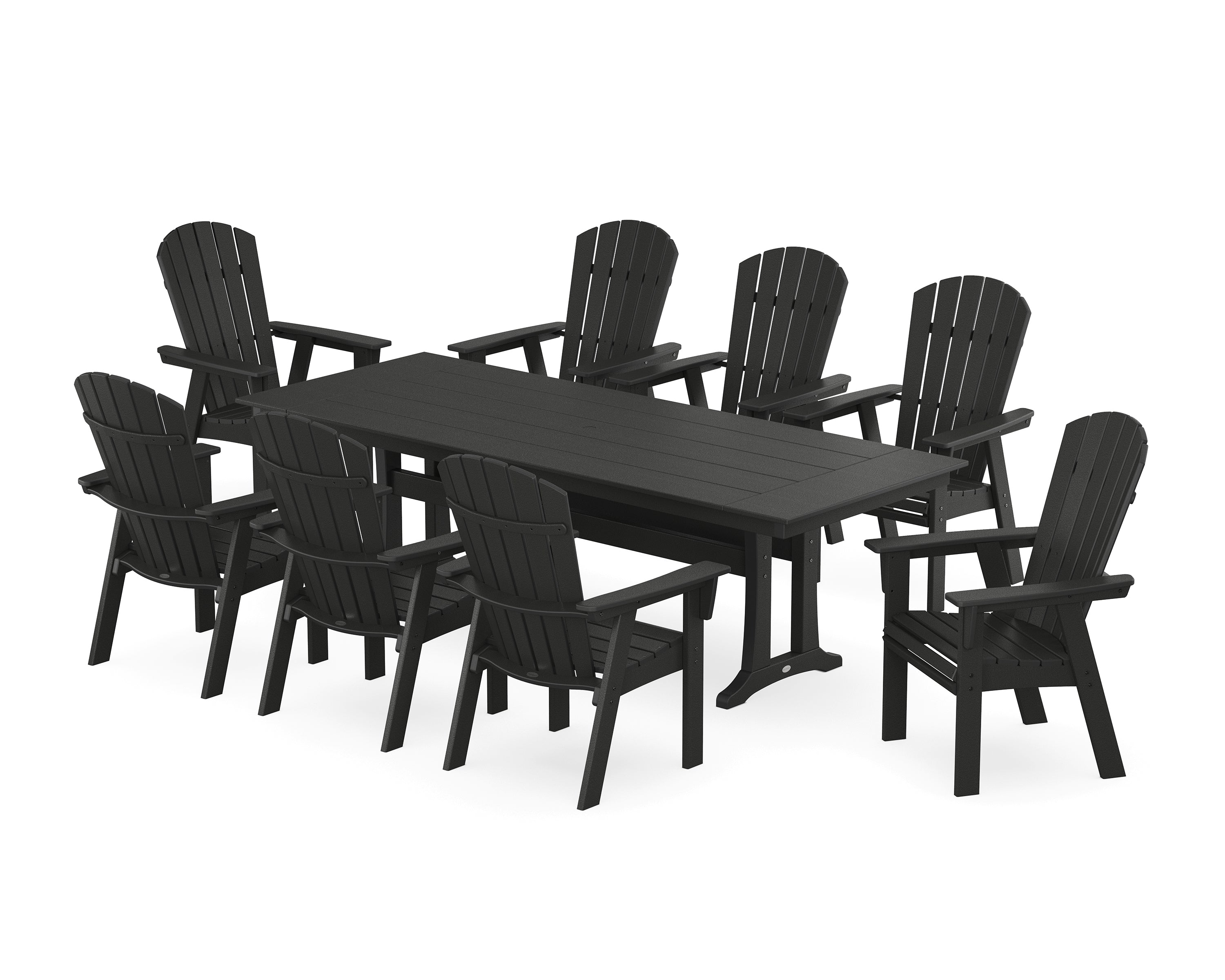 POLYWOOD® Nautical 9-Piece Curveback Adirondack Farmhouse Dining Set with Trestle Legs in Black