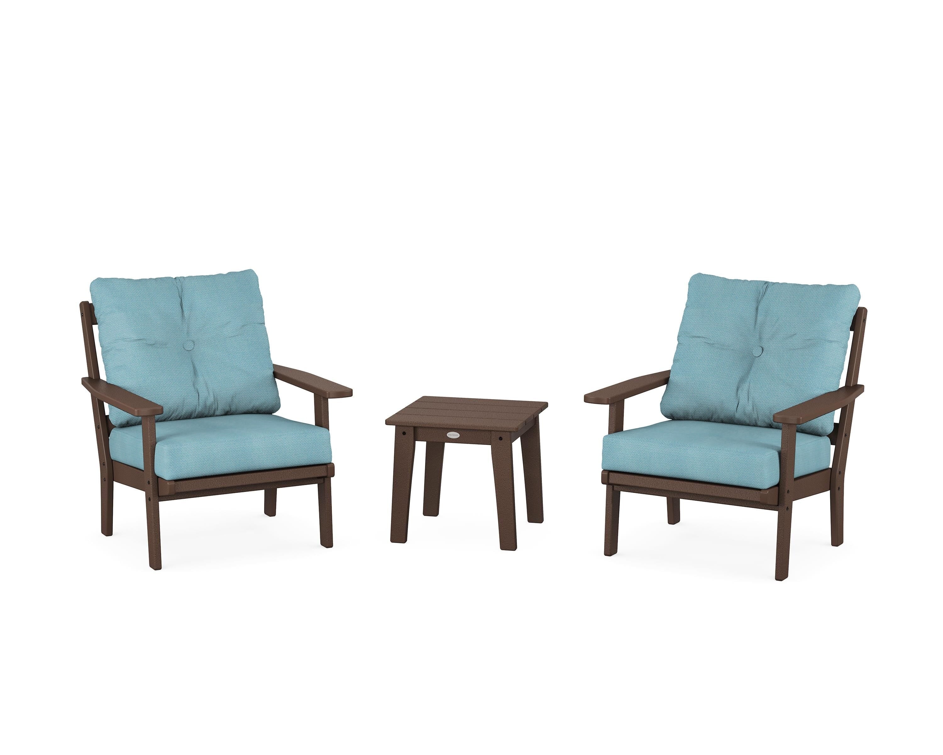 POLYWOOD Oxford 3-Piece Deep Seating Set in Mahogany / Lattice Sky Blue
