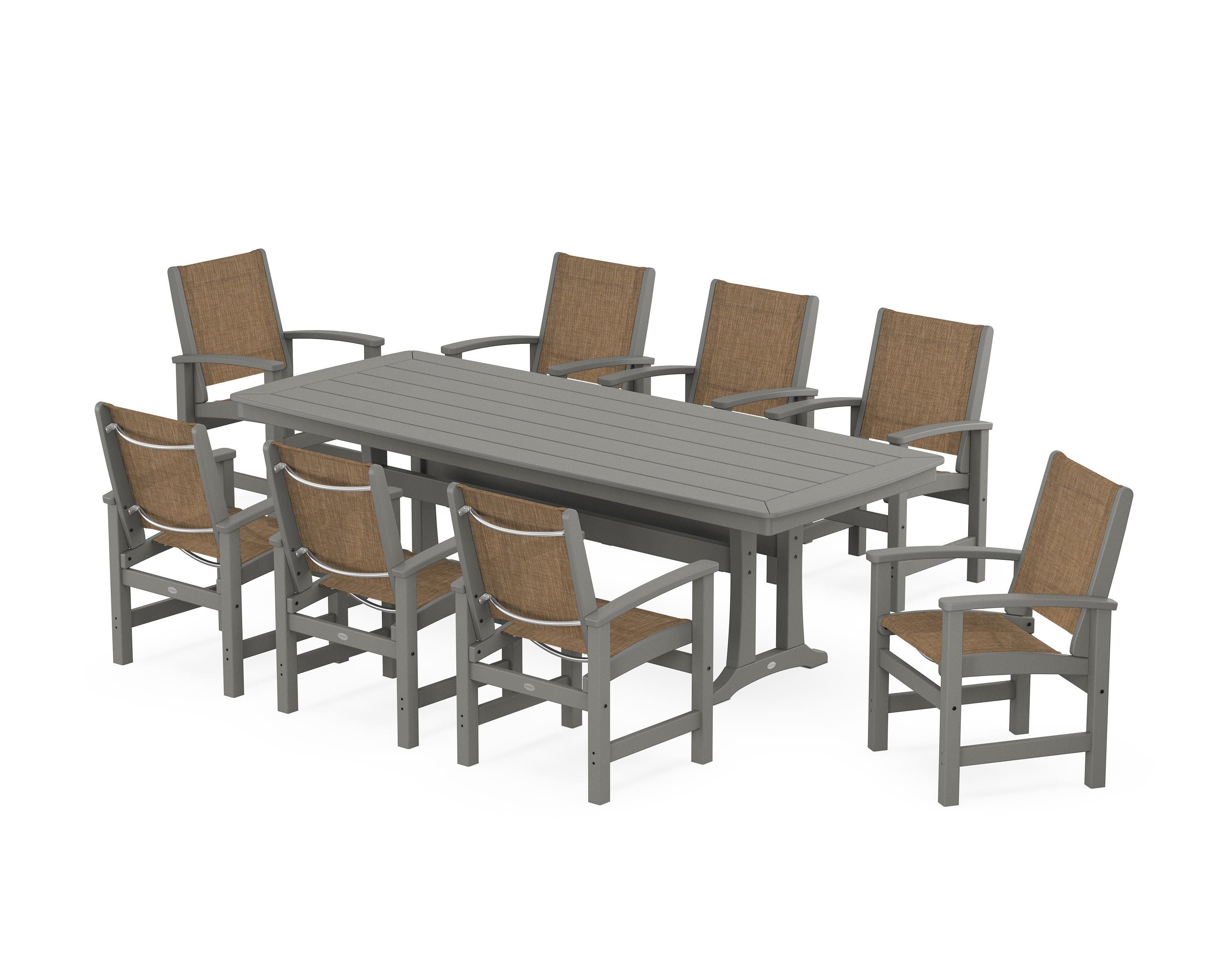 POLYWOOD Coastal 9-Piece Dining Set with Trestle Legs in Slate Grey / Burlap Sling