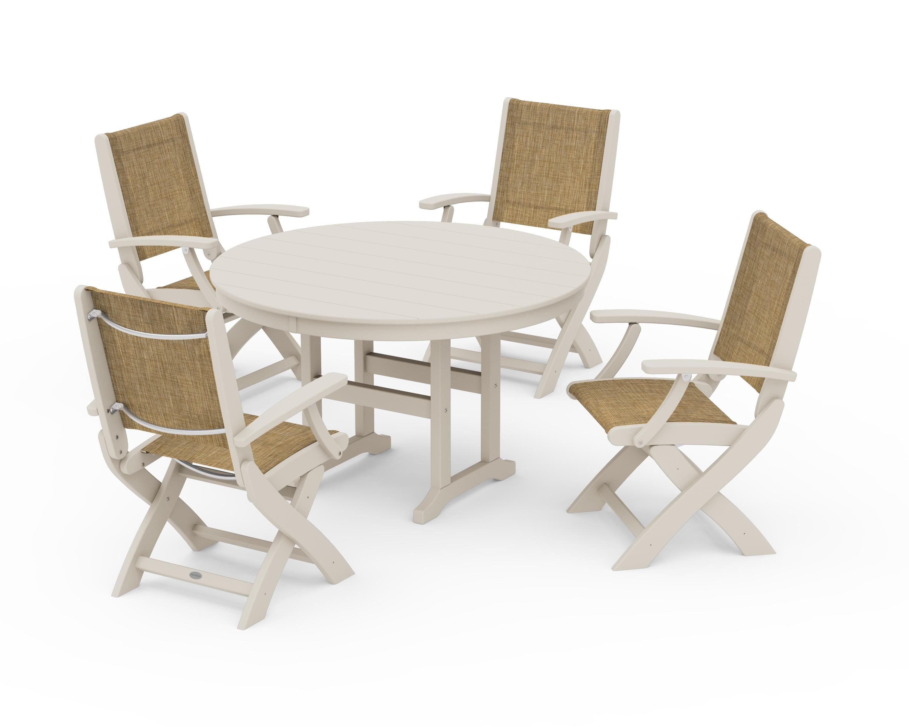 POLYWOOD Coastal Folding Chair 5-Piece Round Dining Set in Sand / Burlap Sling