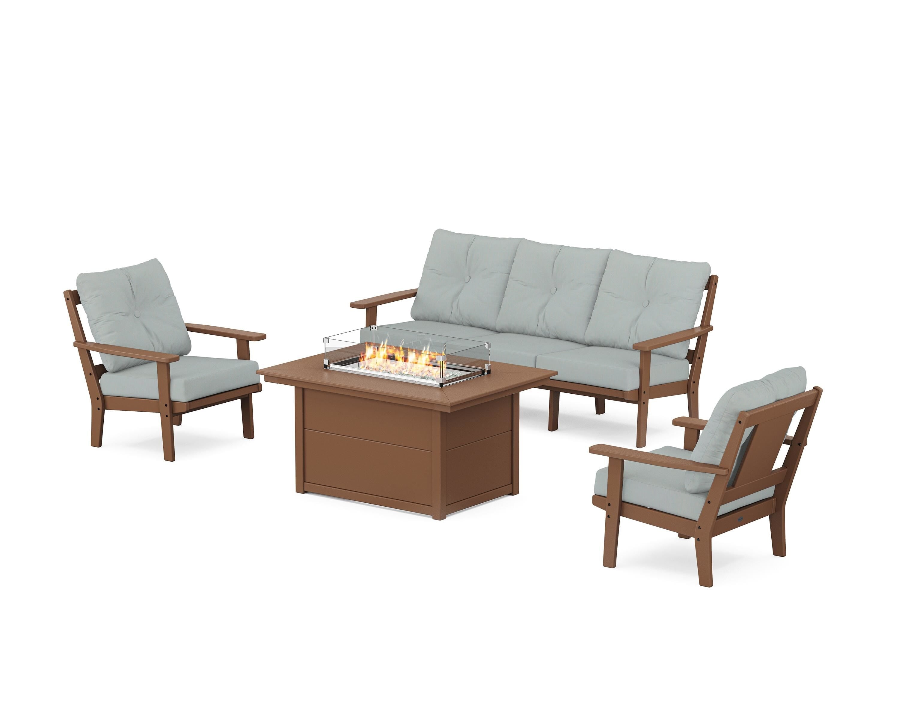 POLYWOOD Prairie Deep Seating Fire Pit Table Set in Teak / Spa