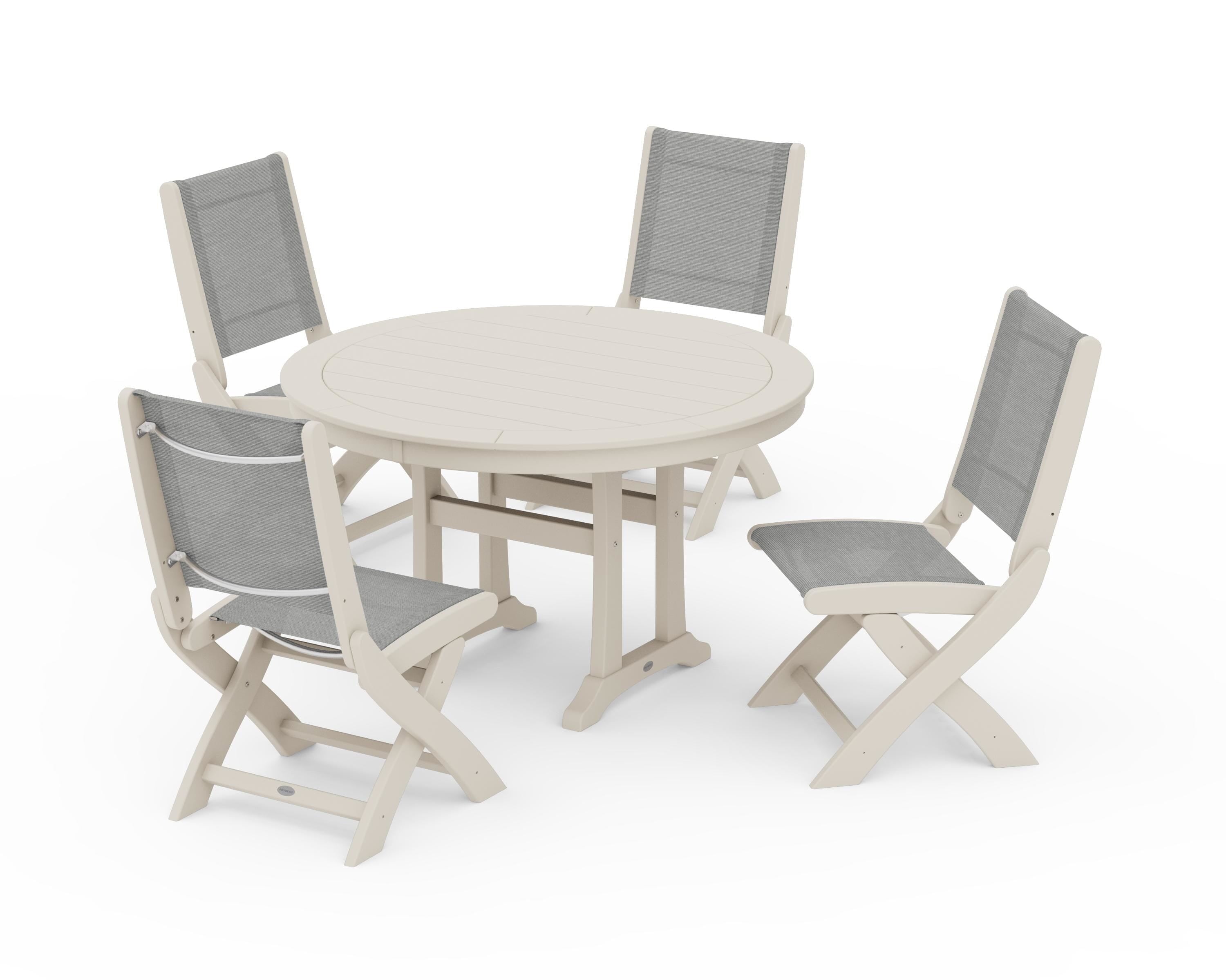 POLYWOOD Coastal Folding Side Chair 5-Piece Round Dining Set With Trestle Legs in Sand / Metallic Sling