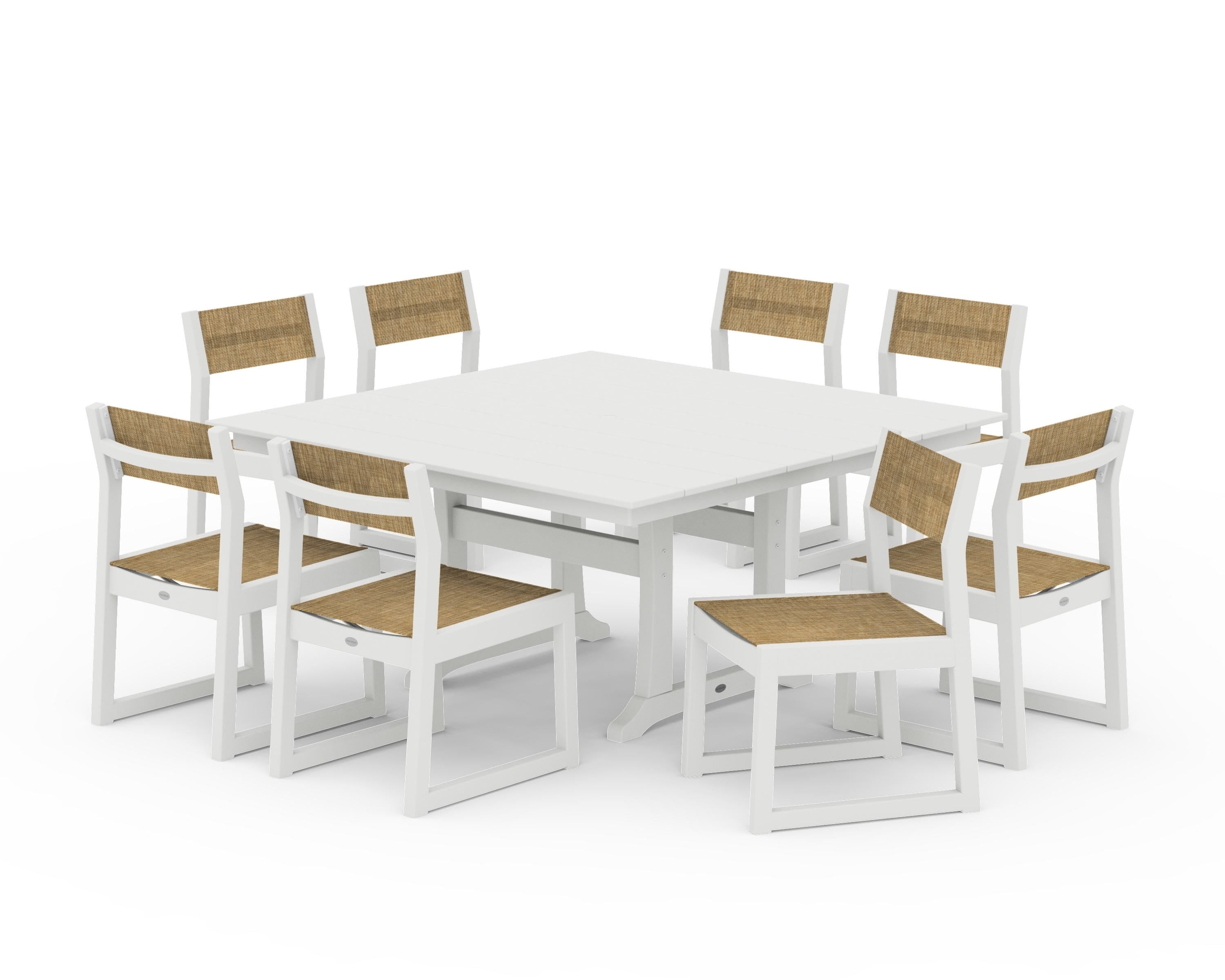 POLYWOOD EDGE Sling Side Chair 9-Piece Farmhouse Trestle Dining Set in Vintage White / Burlap Sling