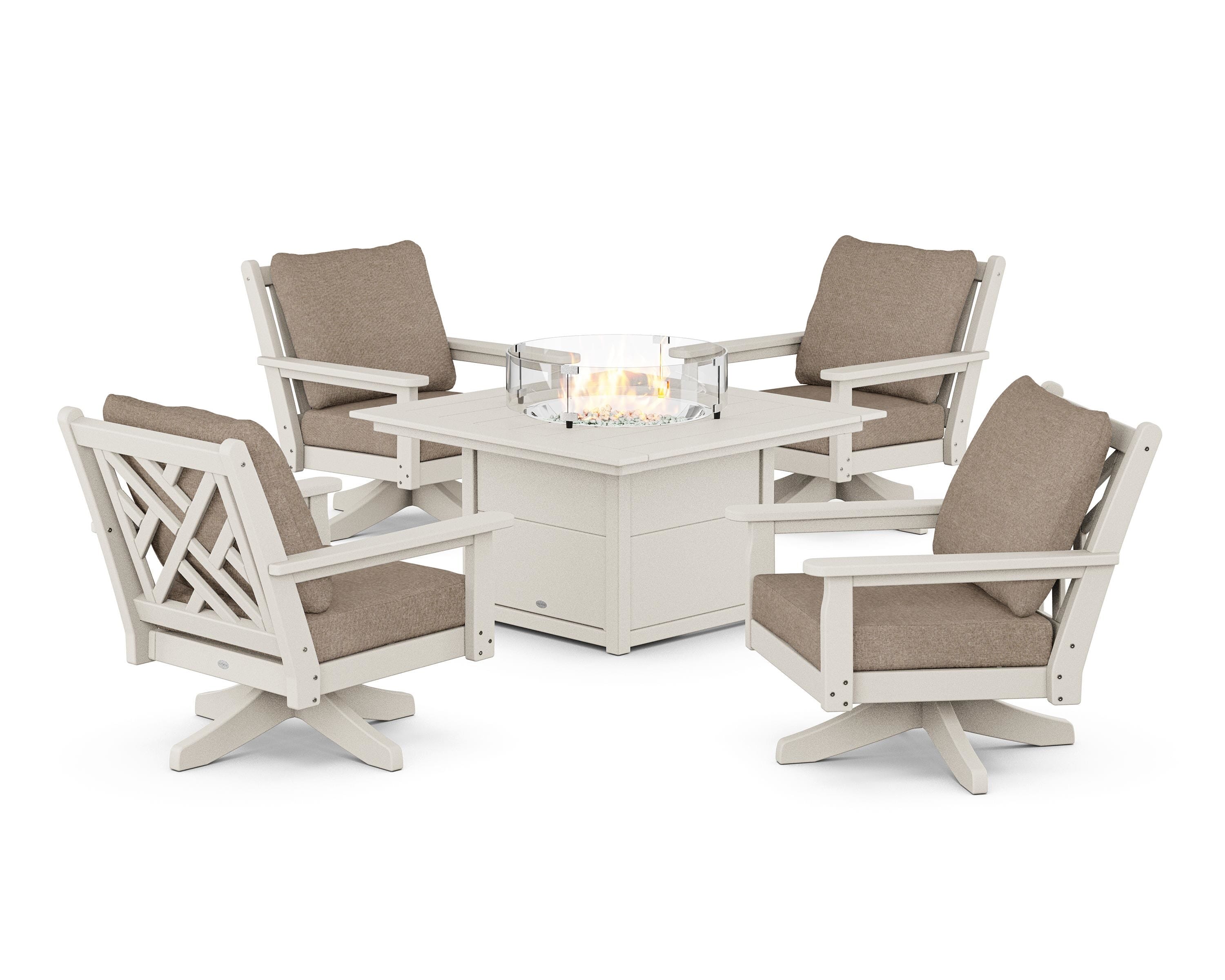 POLYWOOD Chippendale 5-Piece Deep Seating Swivel Conversation Set with Fire Pit Table in Sand / Spiced Burlap