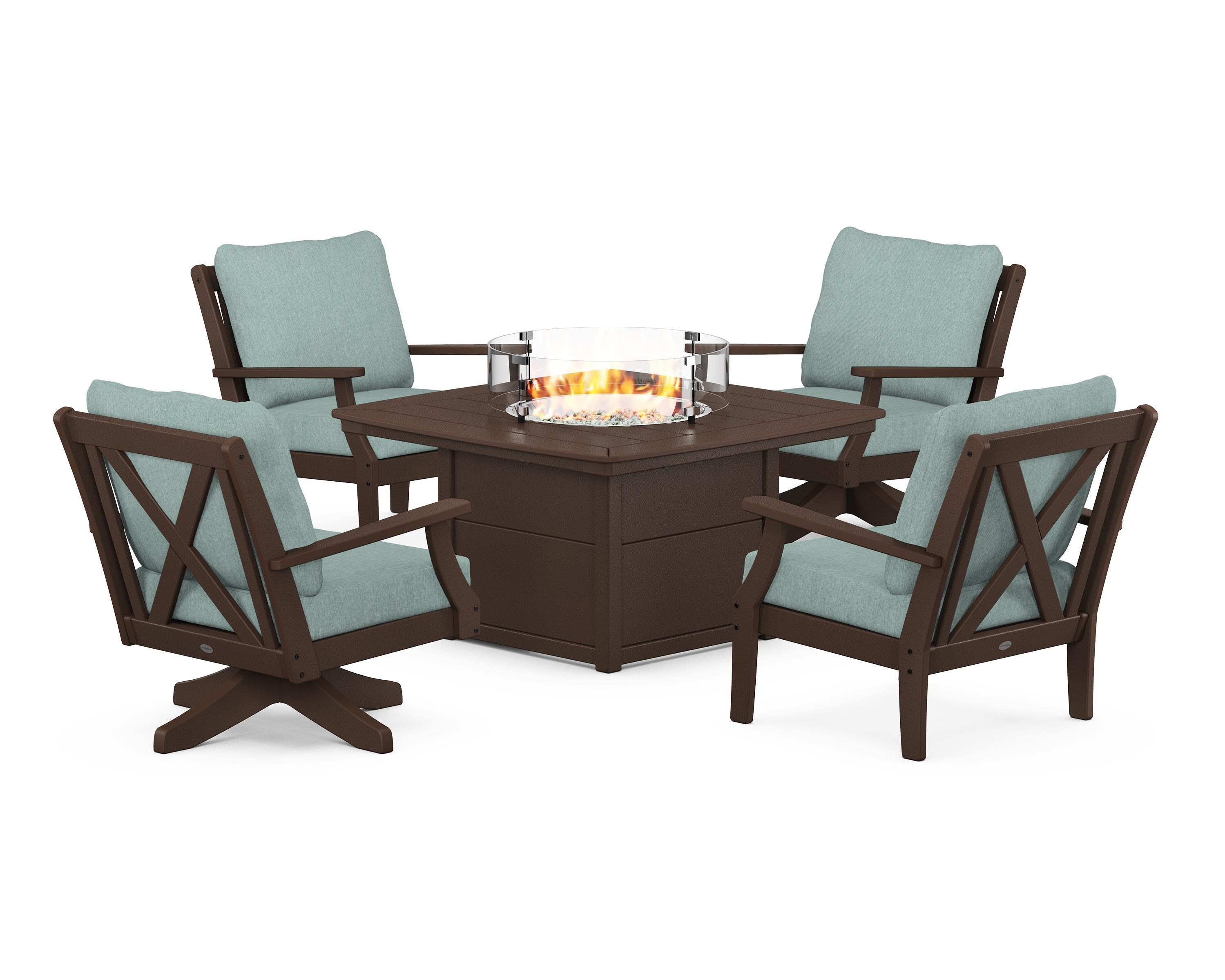 POLYWOOD Braxton 5-Piece Deep Seating Set with Fire Table in Mahogany / Glacier Spa