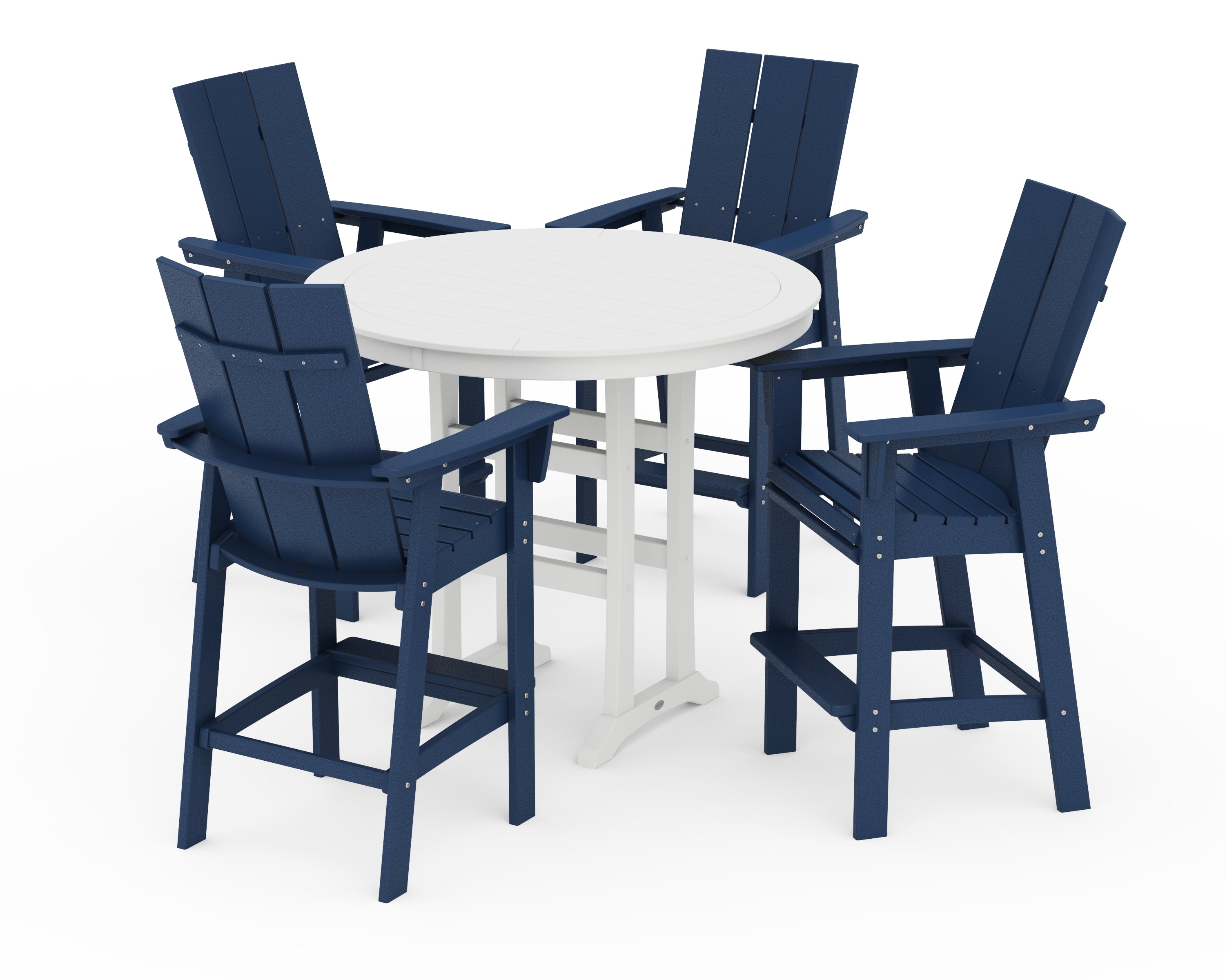 POLYWOOD Modern Curveback Adirondack 5-Piece Nautical Trestle Bar Set in Navy / White