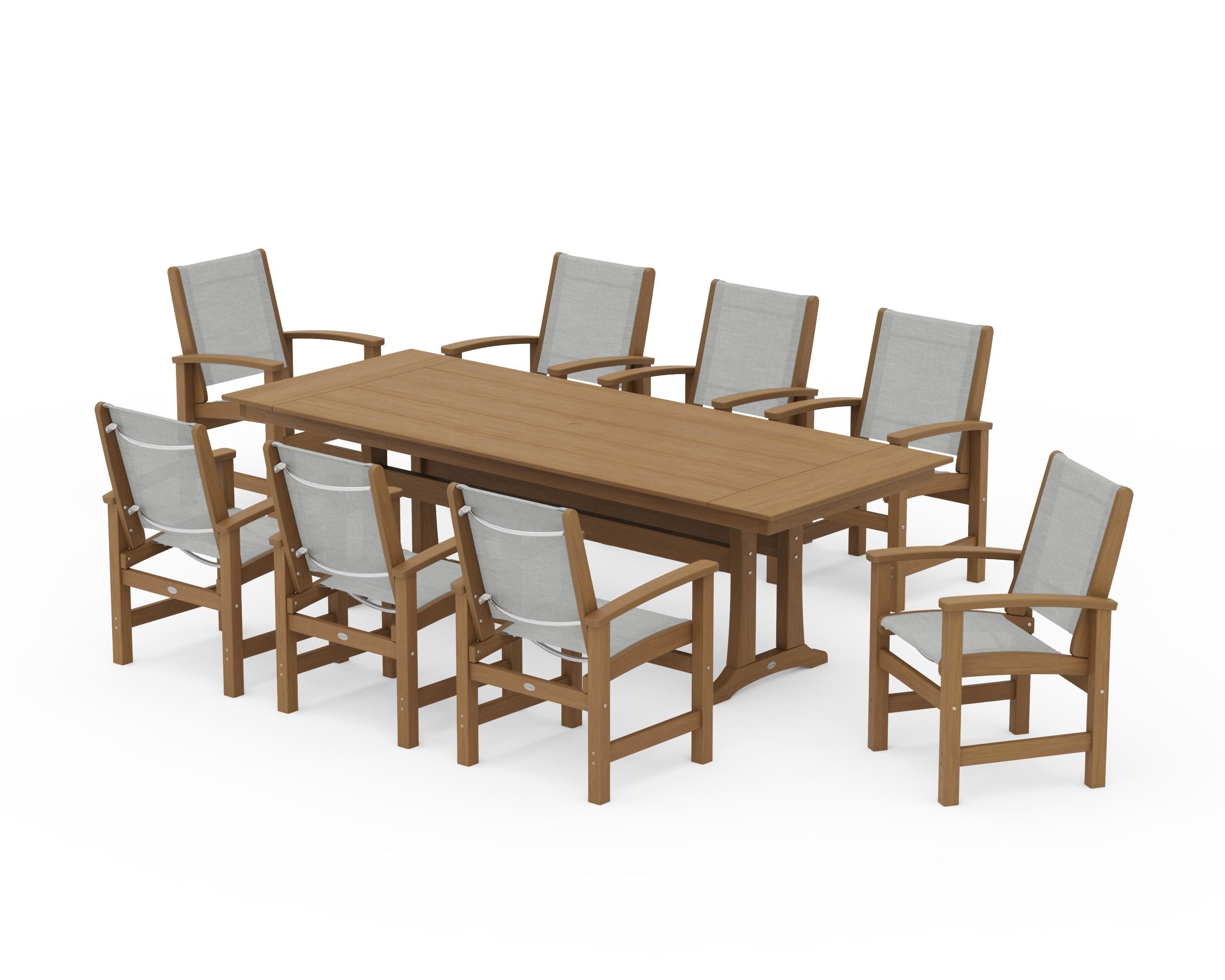 POLYWOOD Coastal 9-Piece Farmhouse Dining Set with Trestle Legs in Natural / Metallic Sling