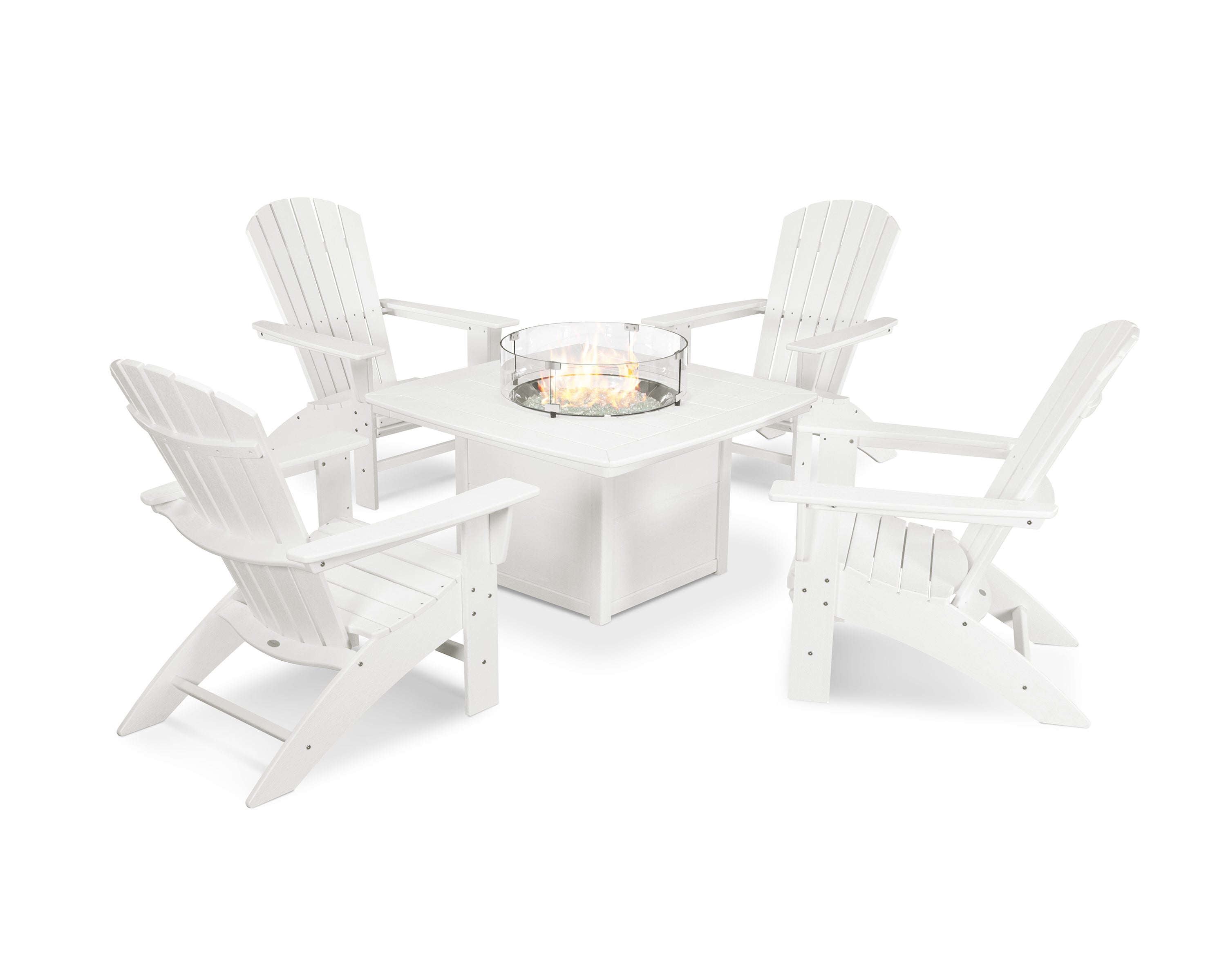 POLYWOOD® Nautical Curveback Adirondack 5-Piece Conversation Set with Fire Pit Table in Vintage White