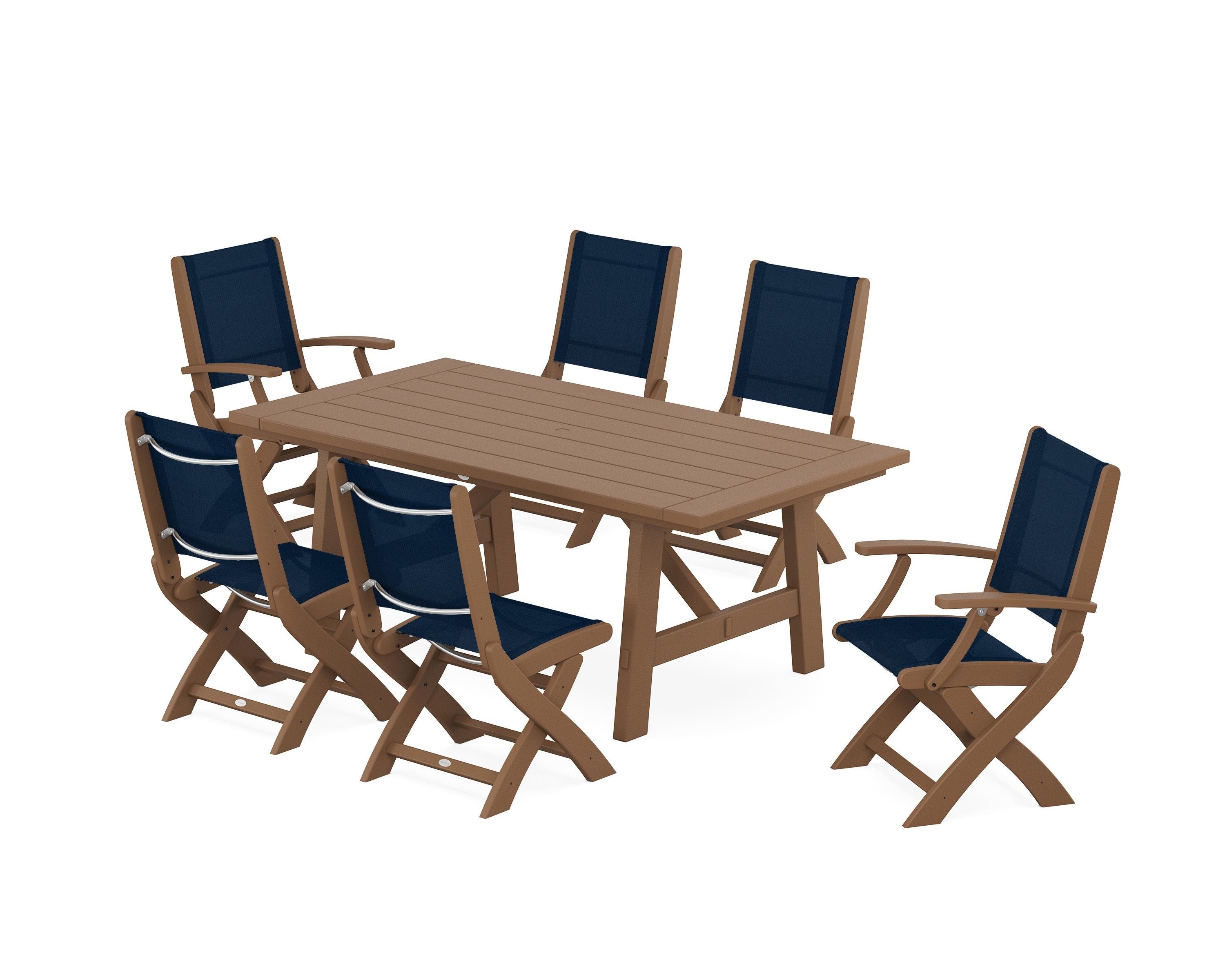 POLYWOOD Coastal Folding Chair 7-Piece Rustic Farmhouse Dining Set in Teak / Navy Blue Sling