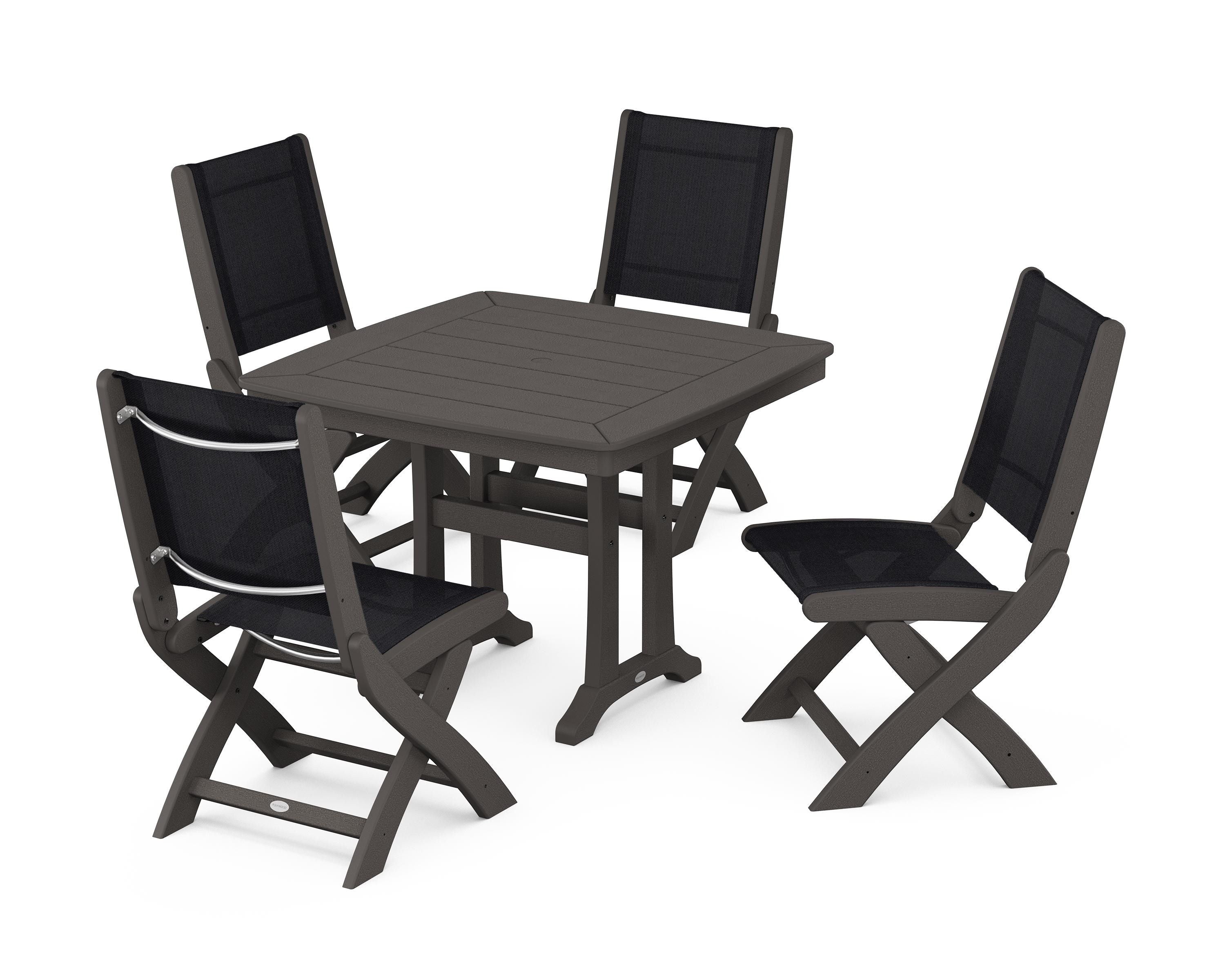 POLYWOOD Coastal Folding Side Chair 5-Piece Dining Set with Trestle Legs in Vintage Coffee / Black Sling