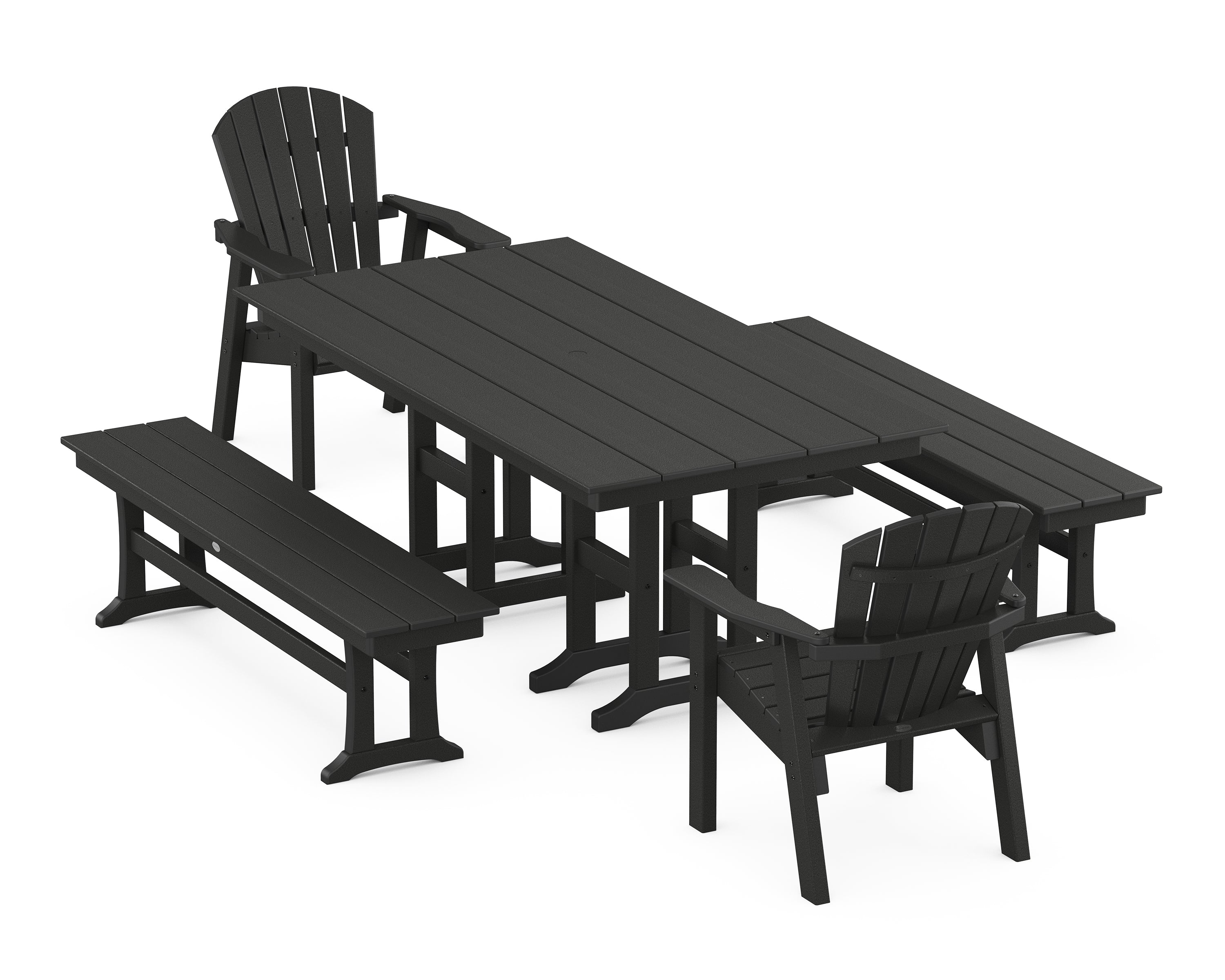 POLYWOOD® Seashell 5-Piece Farmhouse Dining Set with Benches in Black