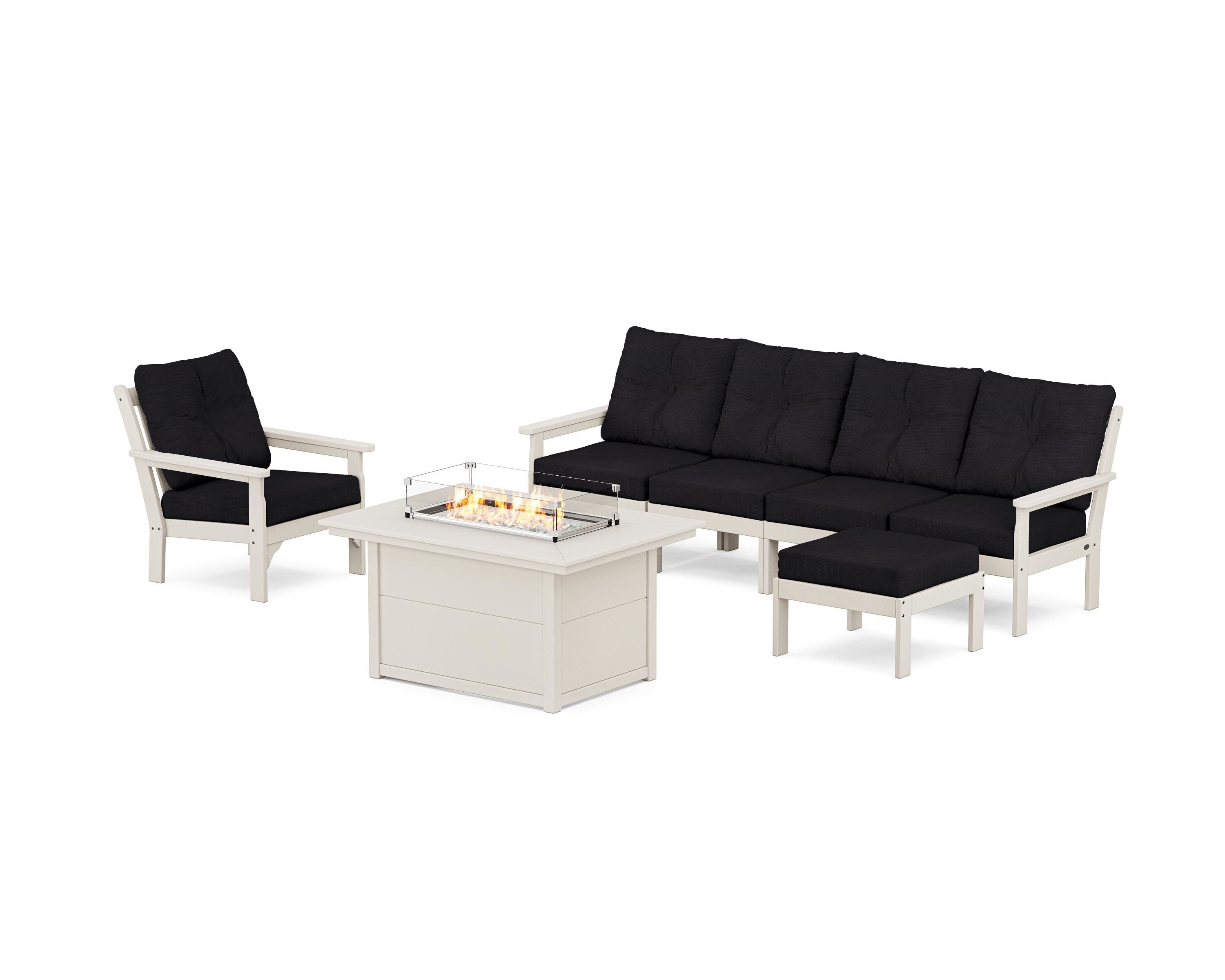 POLYWOOD Vineyard Sectional Lounge and Fire Pit Set in Sand / Midnight Linen