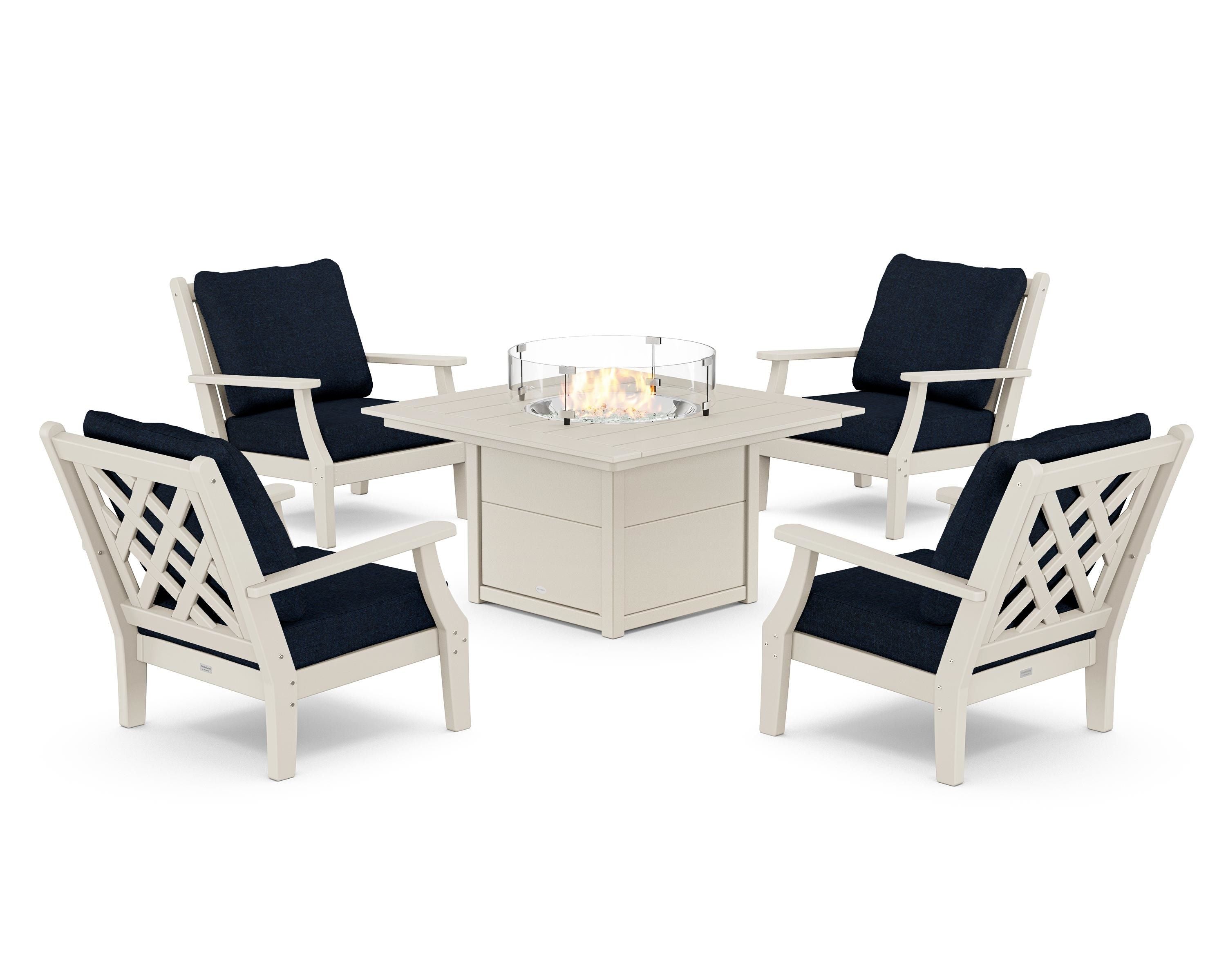 Country Living Wovendale 5-Piece Deep Seating Set with Fire Pit Table in Sand / Marine Indigo