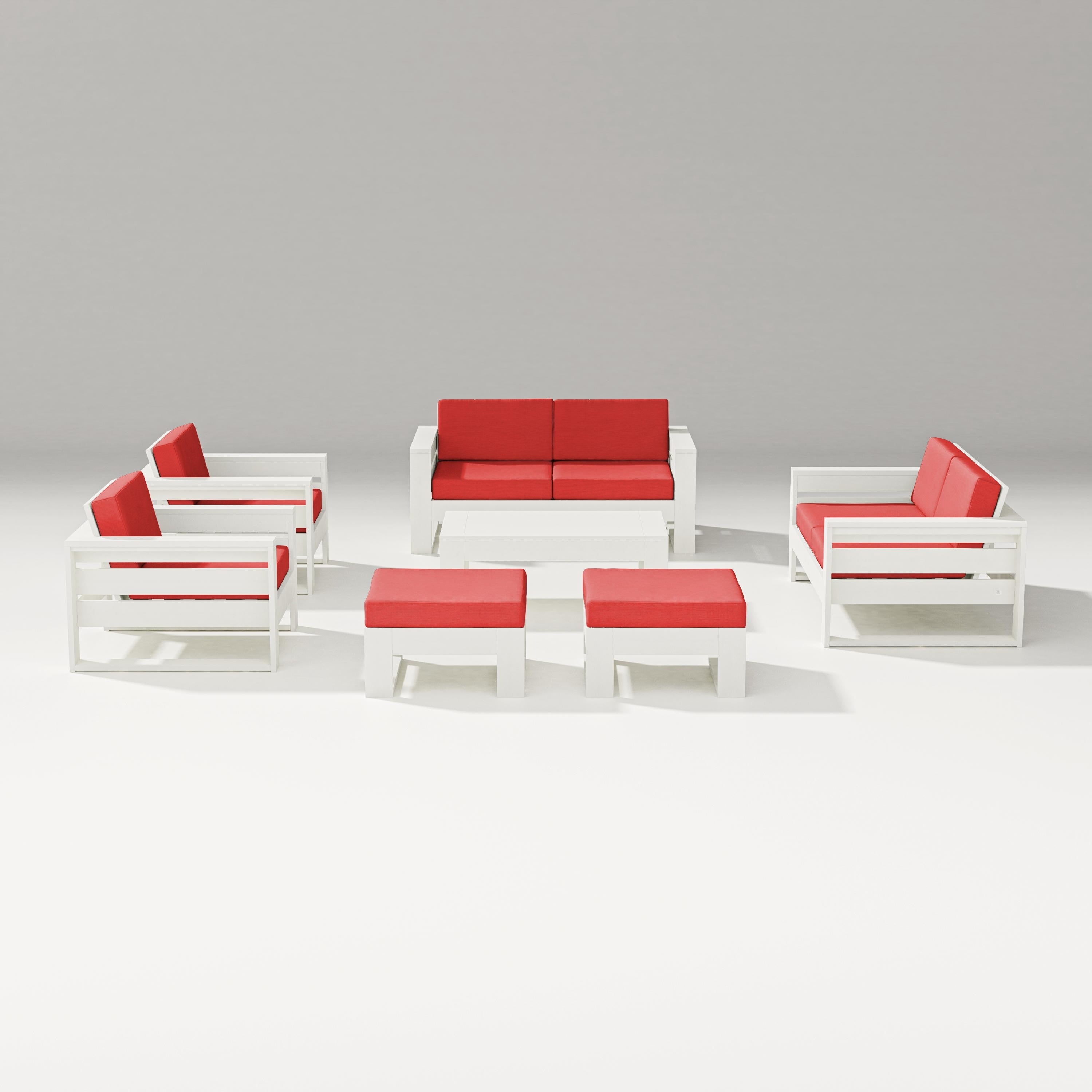 PW Designer Series Latitude 7-Piece Lounge Loveseat Set in Vintage White / Crimson Linen