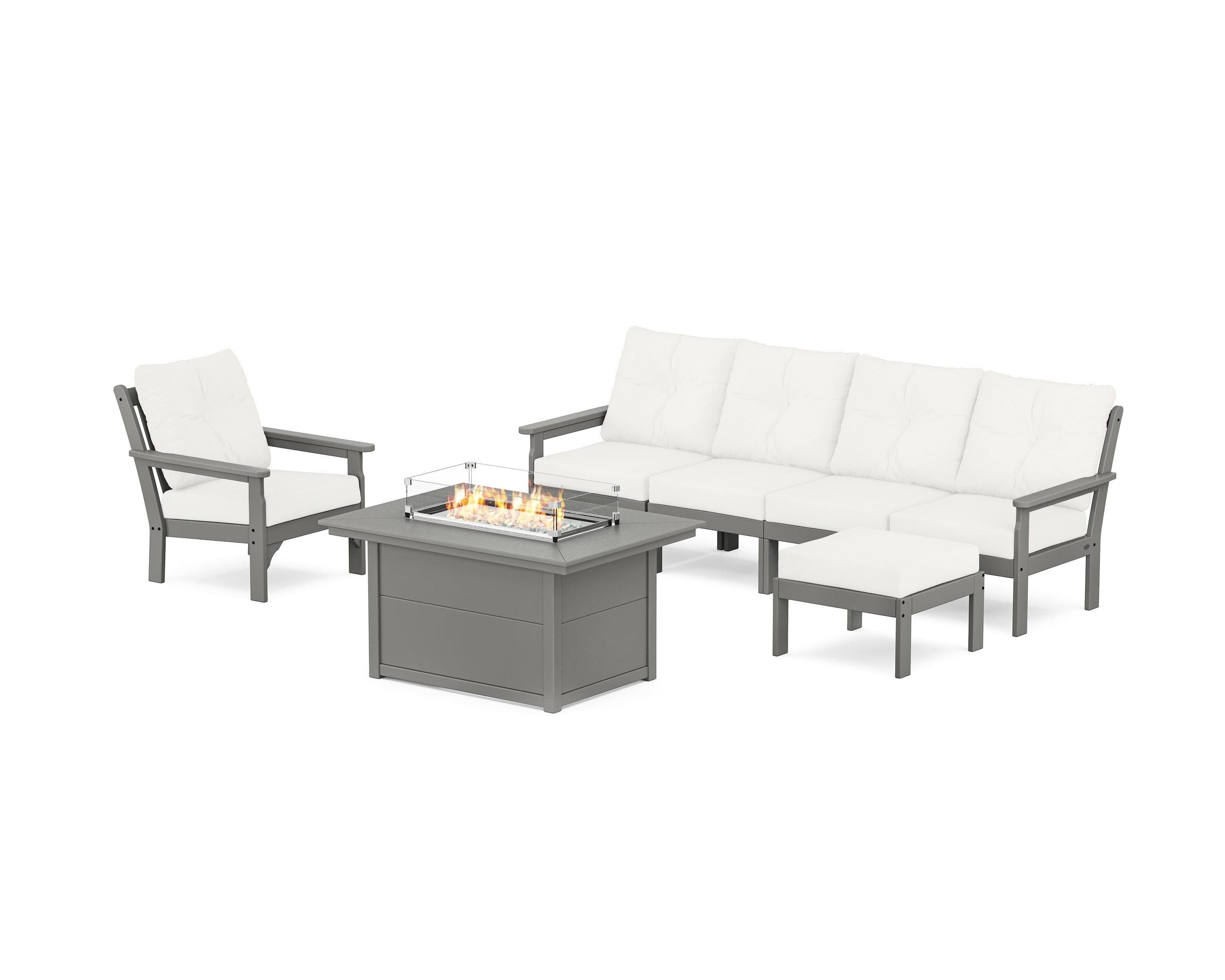 POLYWOOD Vineyard Sectional Lounge and Fire Pit Set in Slate Grey / Natural Linen