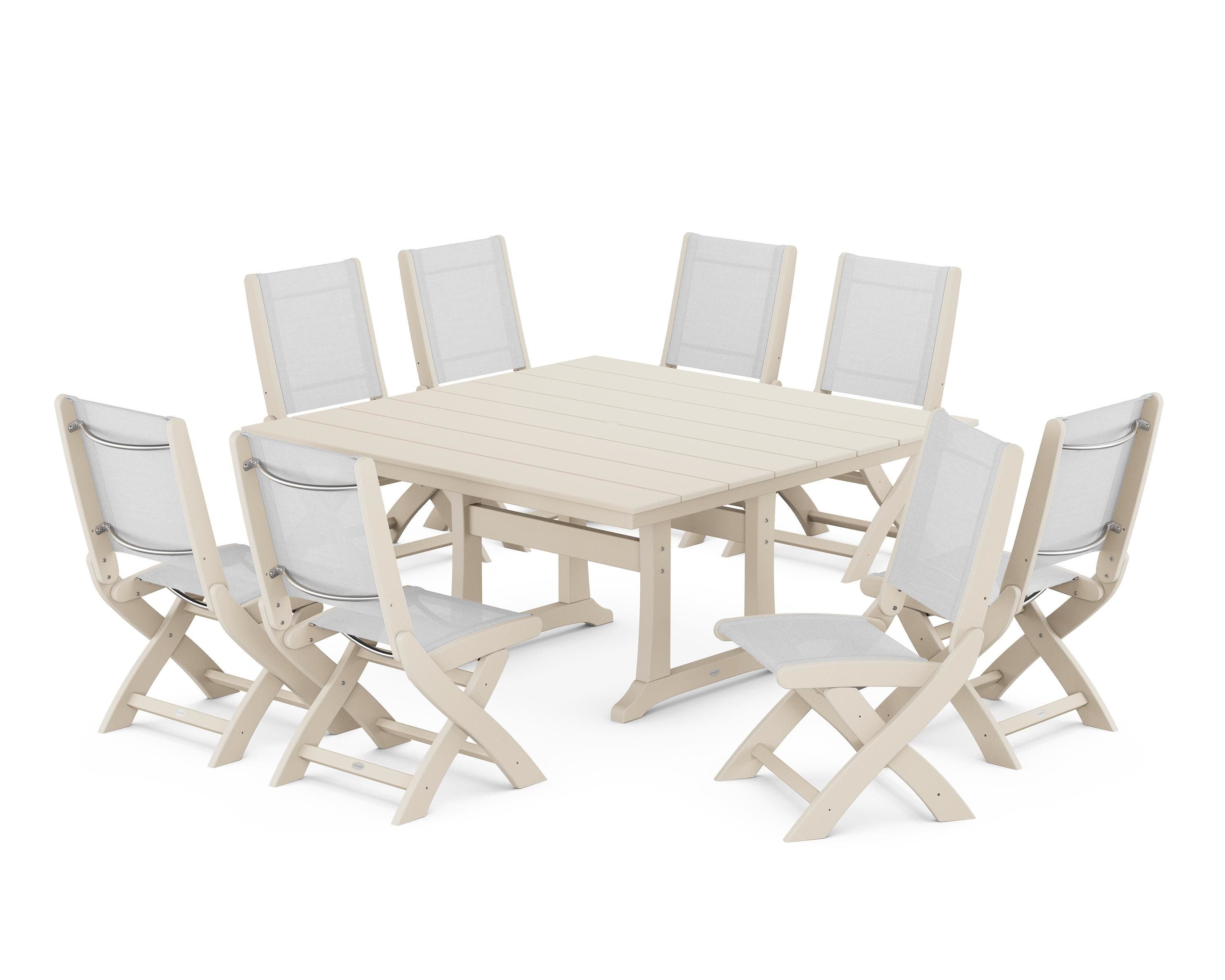 POLYWOOD Coastal Folding Side Chair 9-Piece Farmhouse Dining Set in Sand / White Sling