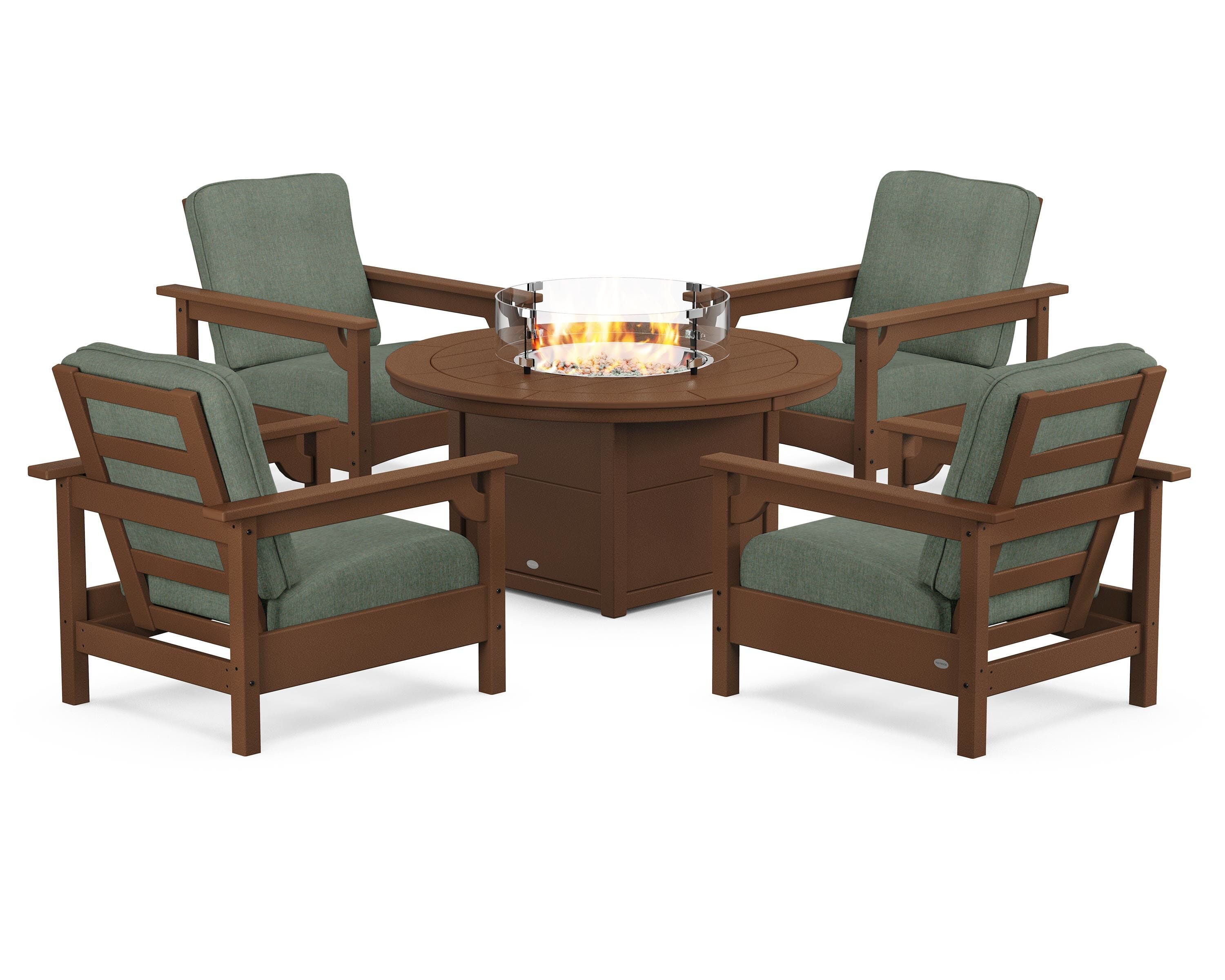 POLYWOOD Club 5-Piece Conversation Set with Fire Pit Table in Teak / Cast Sage