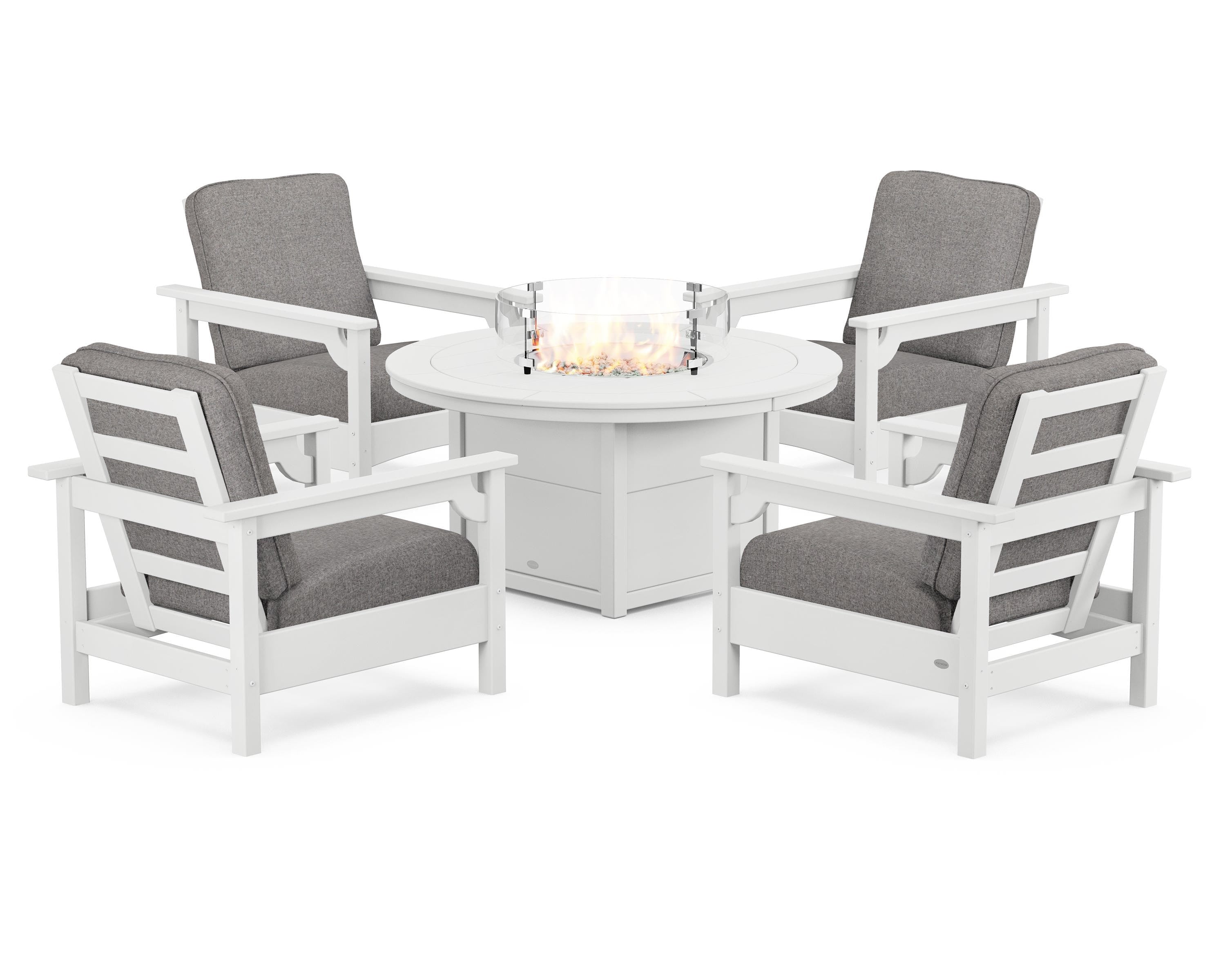 POLYWOOD Club 5-Piece Conversation Set with Fire Pit Table in White / Grey Mist