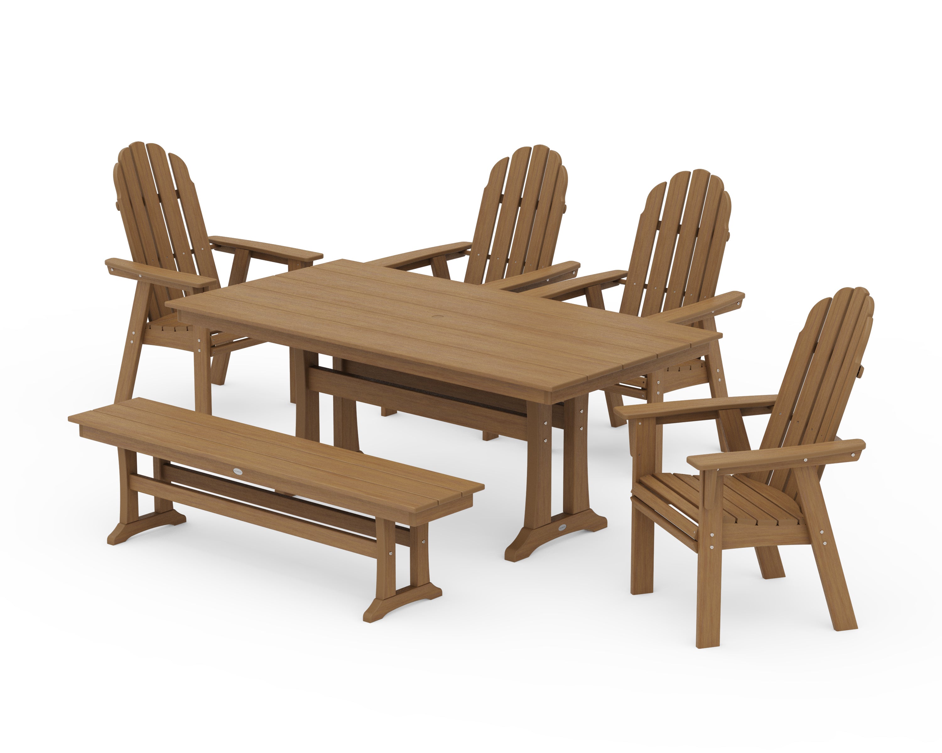 POLYWOOD Vineyard Curveback Adirondack Chair 6-Piece Farmhouse Dining Set with Trestle Legs and Bench in Natural