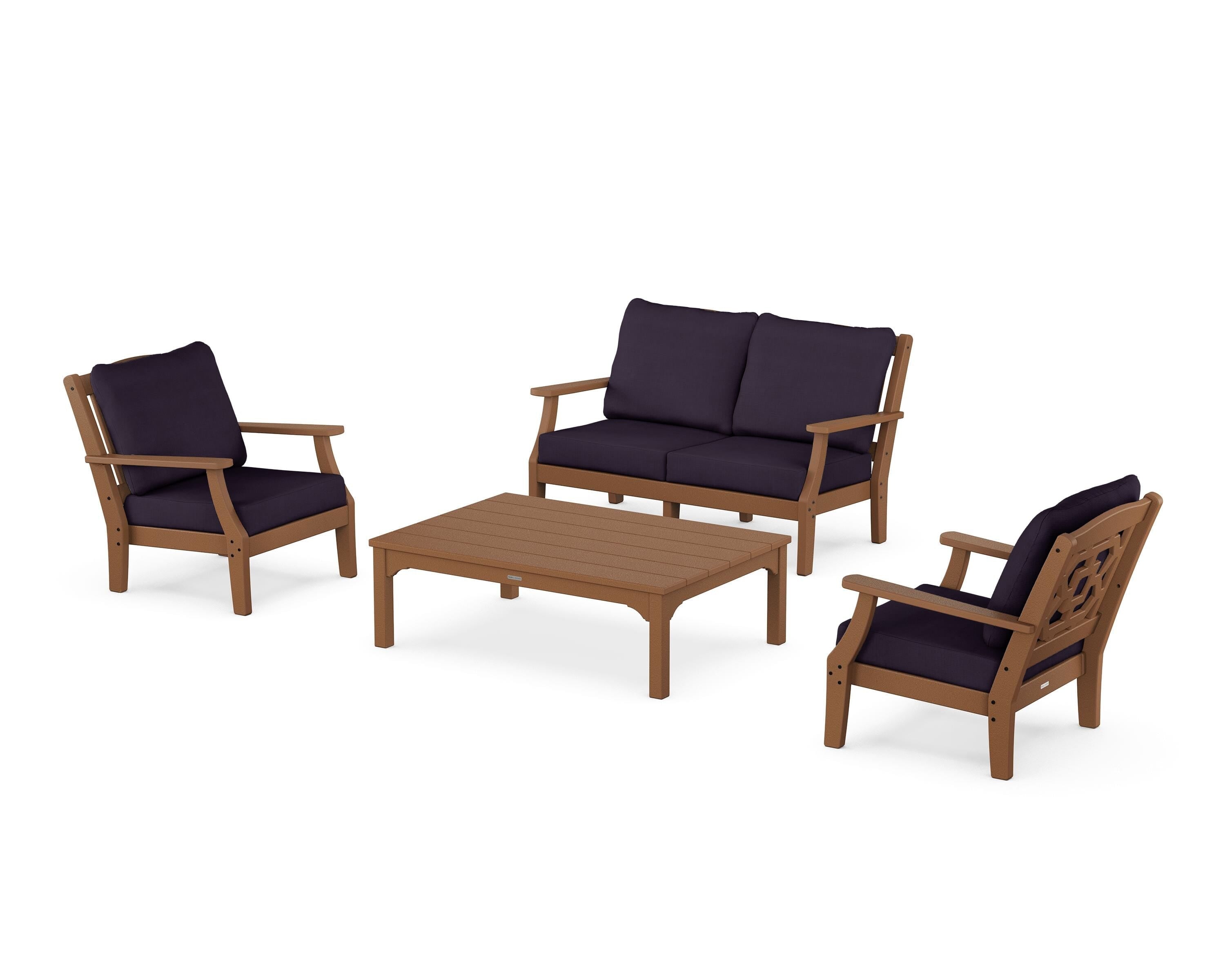 Martha Stewart by POLYWOOD Chinoiserie 4-Piece Deep Seating Set with Loveseat in Teak / Navy Linen