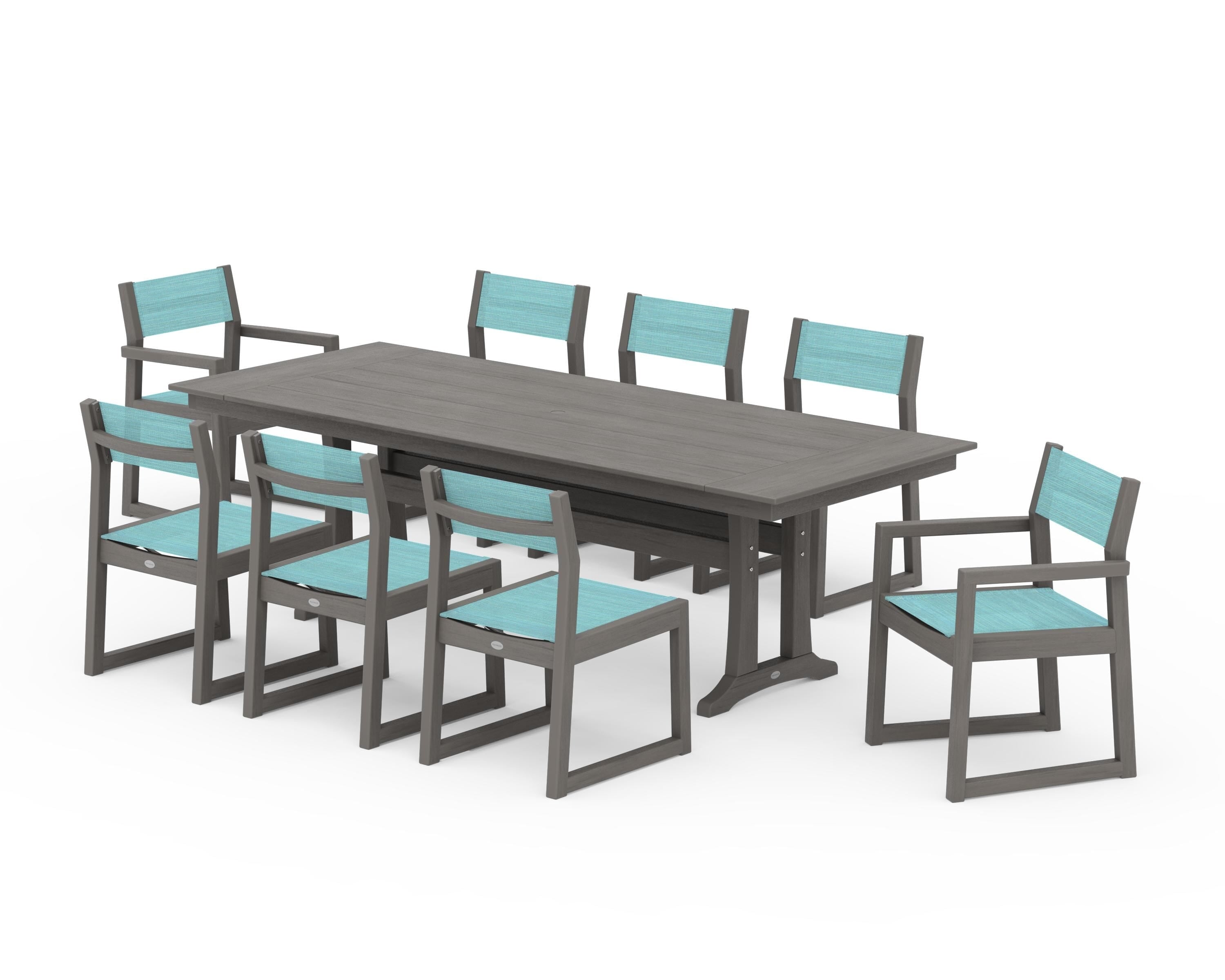 POLYWOOD EDGE Sling 9-Piece Farmhouse Trestle Dining Set in Driftwood / Dupioni Aquamarine Sling