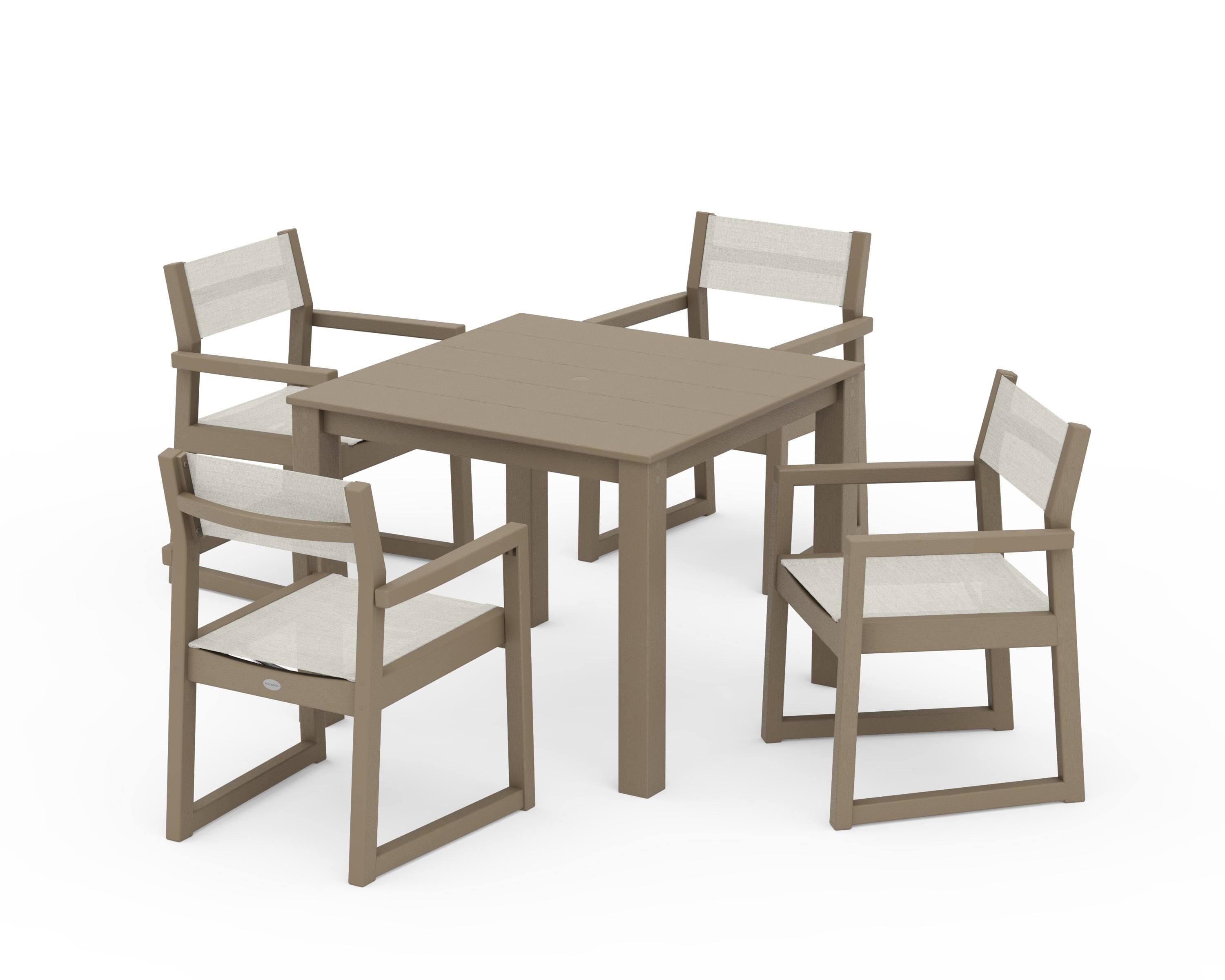 POLYWOOD EDGE Sling Arm Chair 5-Piece Parsons Dining Set in Vintage Sahara / Parchment Sling