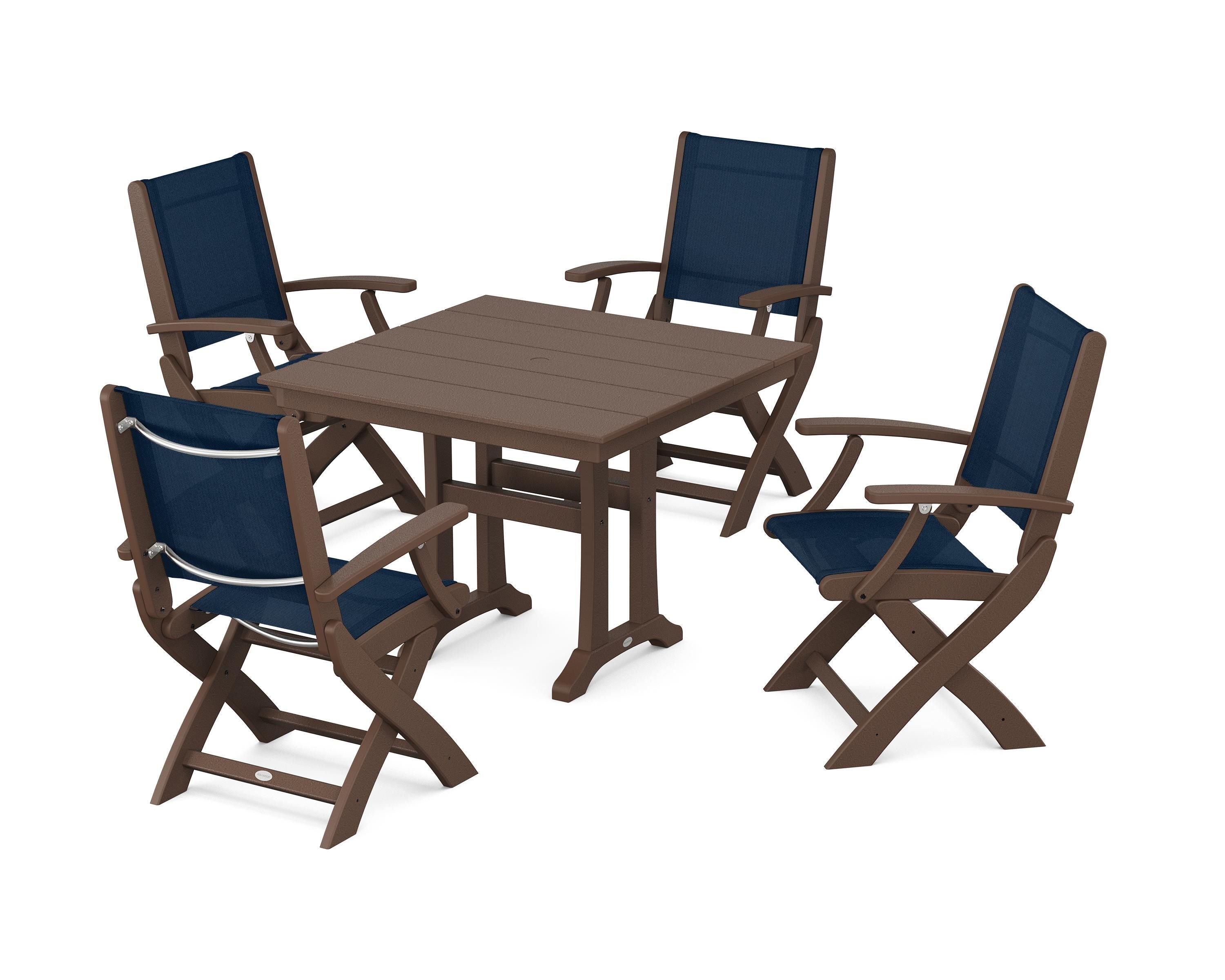 POLYWOOD Coastal Folding Chair 5-Piece Farmhouse Dining Set With Trestle Legs in Mahogany / Navy Blue Sling