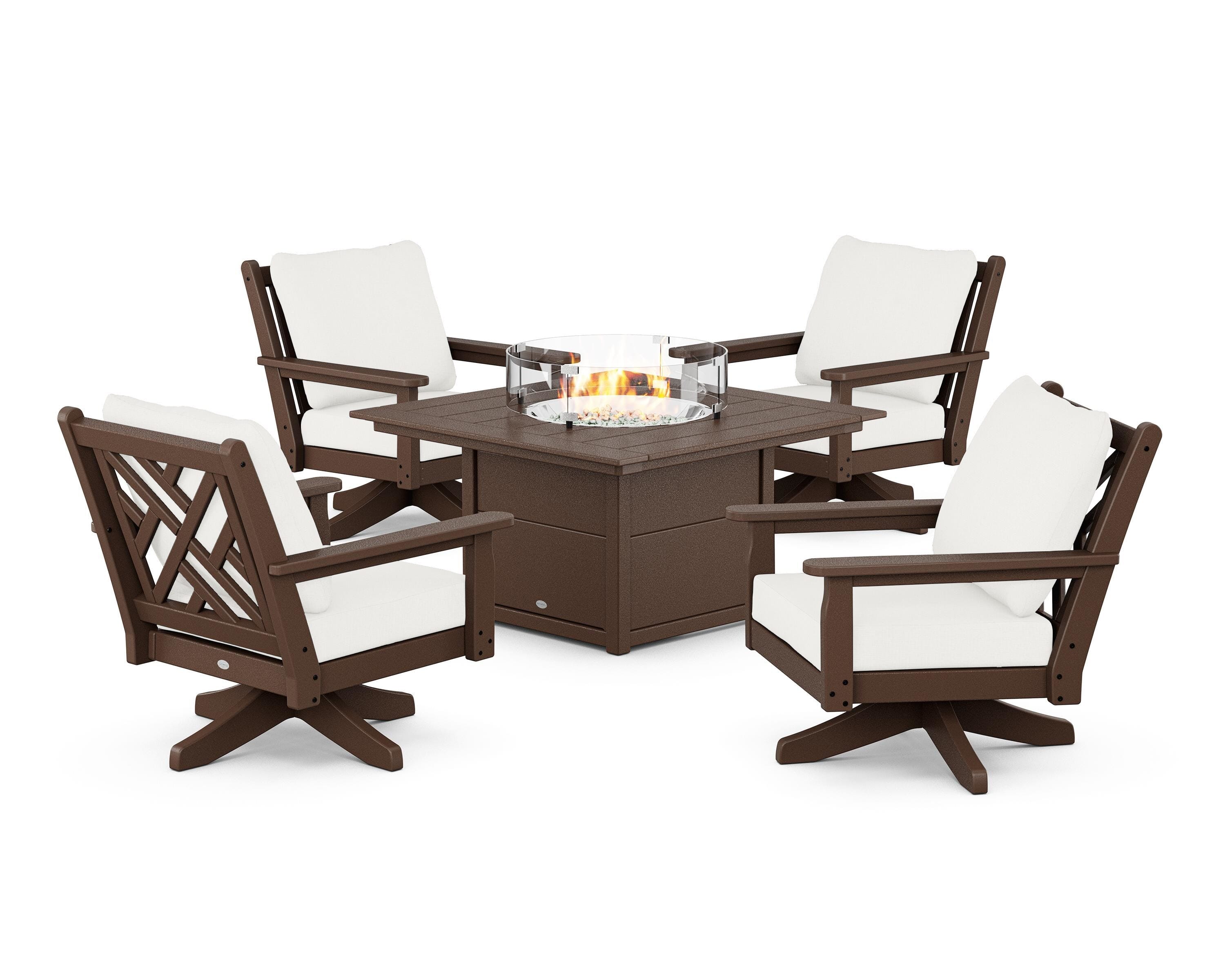 POLYWOOD Chippendale 5-Piece Deep Seating Swivel Conversation Set with Fire Pit Table in Mahogany / Natural Linen