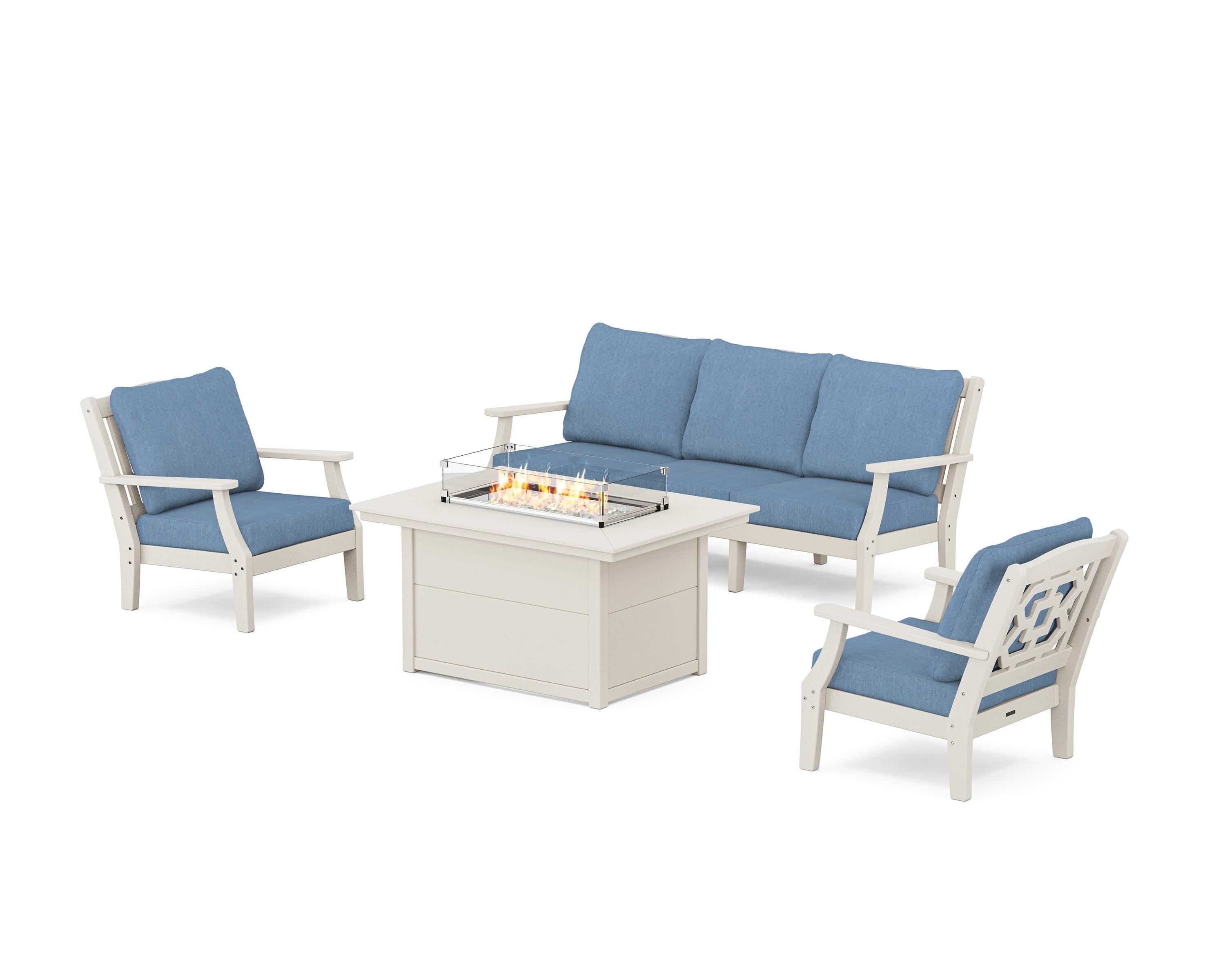 Martha Stewart by POLYWOOD Chinoiserie Deep Seating Fire Pit Table Set in Sand / Sky Blue