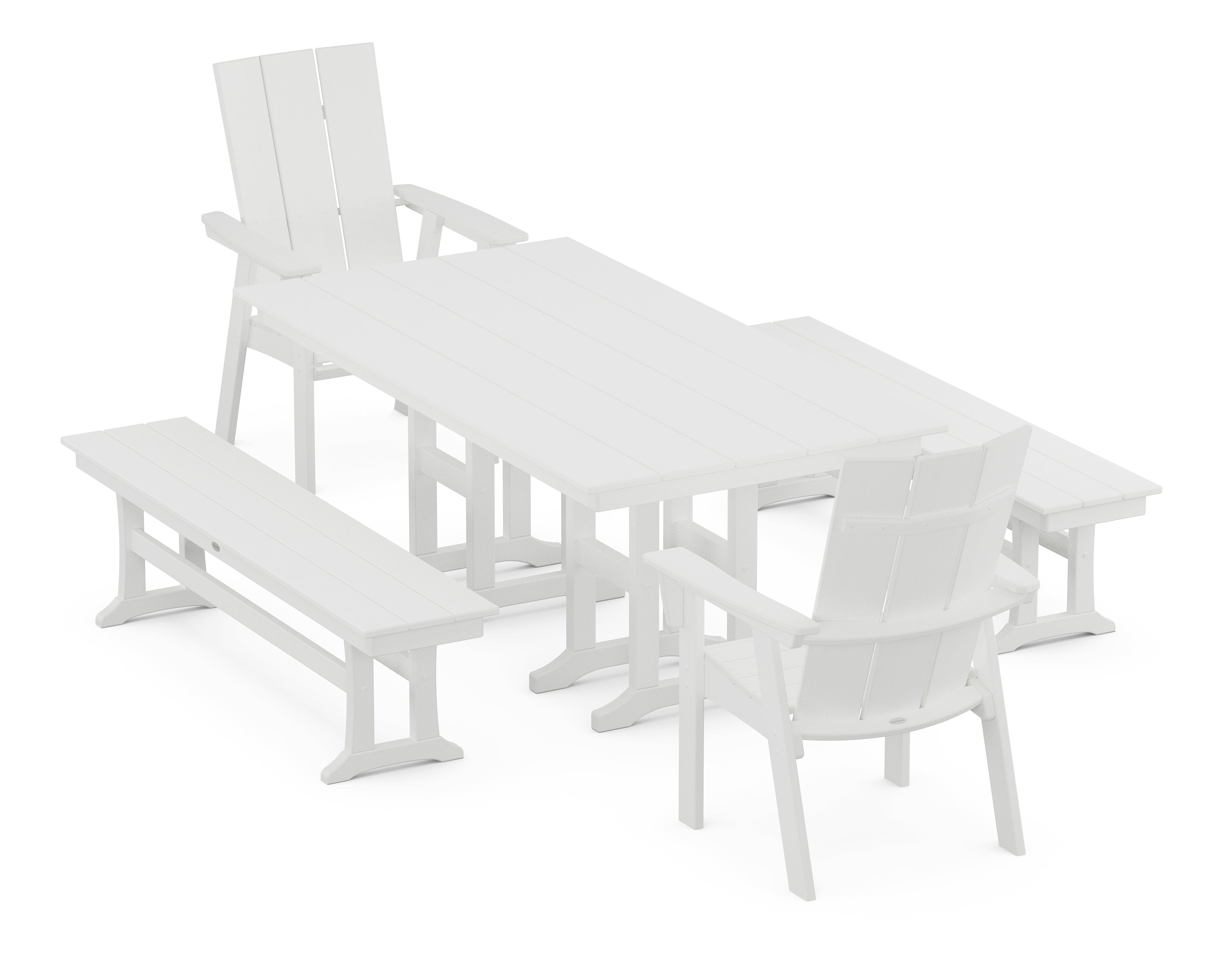 POLYWOOD® Modern Curveback Adirondack 5-Piece Farmhouse Dining Set with Benches in White