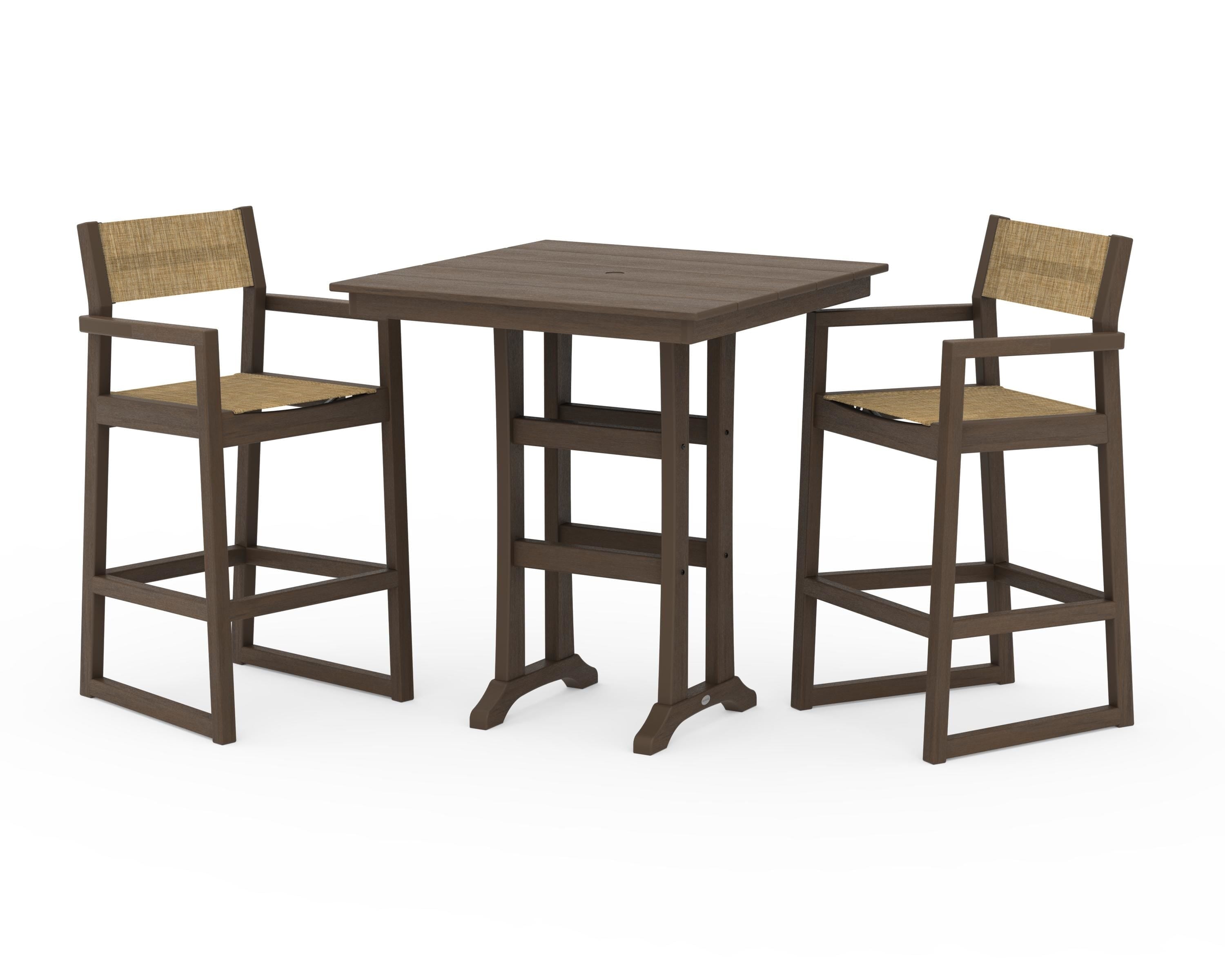 POLYWOOD EDGE Sling Arm Chair 3-Piece Farmhouse Bar Set with Trestle Legs in Kona / Burlap Sling