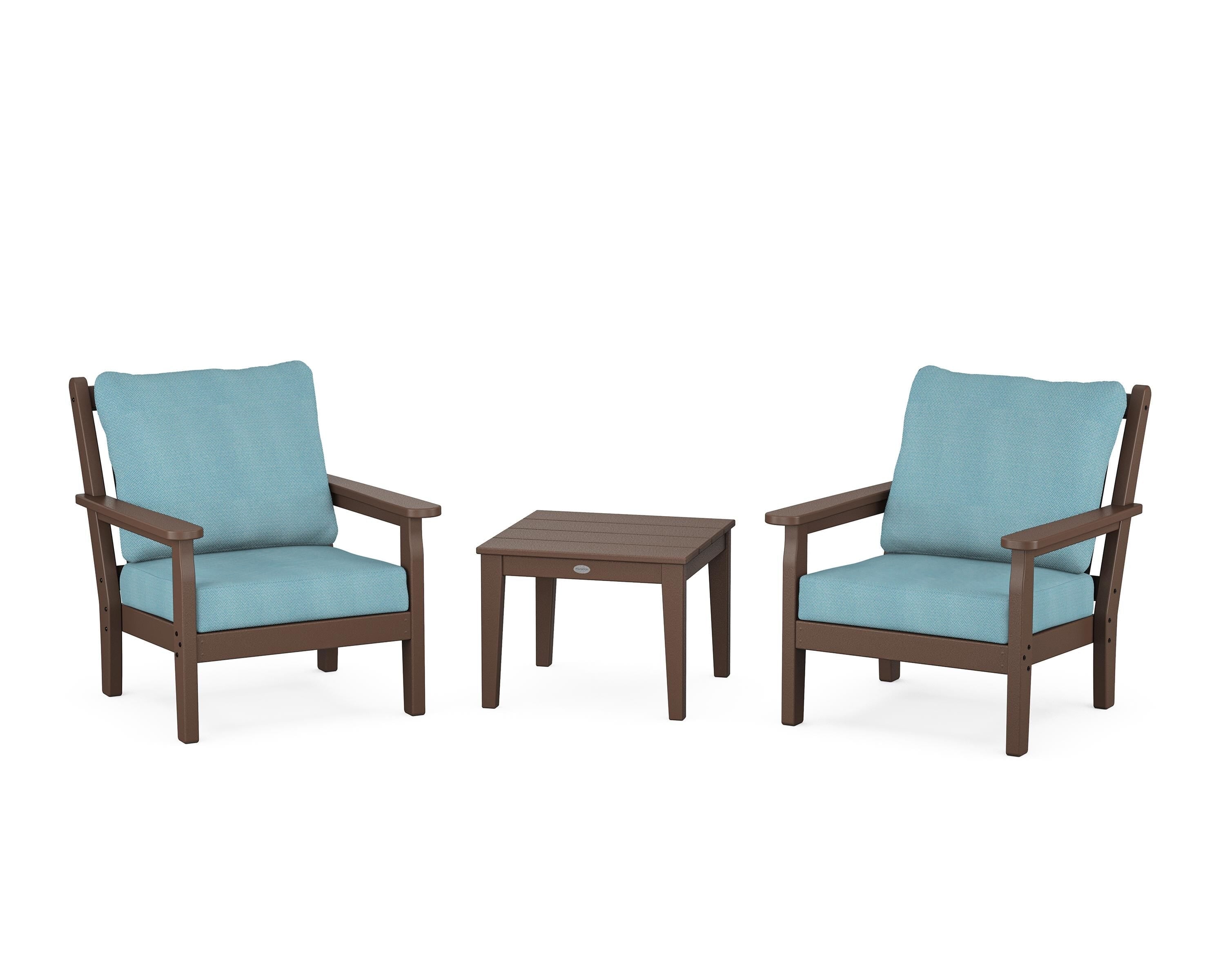 POLYWOOD Chippendale 3-Piece Deep Seating Set in Mahogany / Lattice Sky Blue
