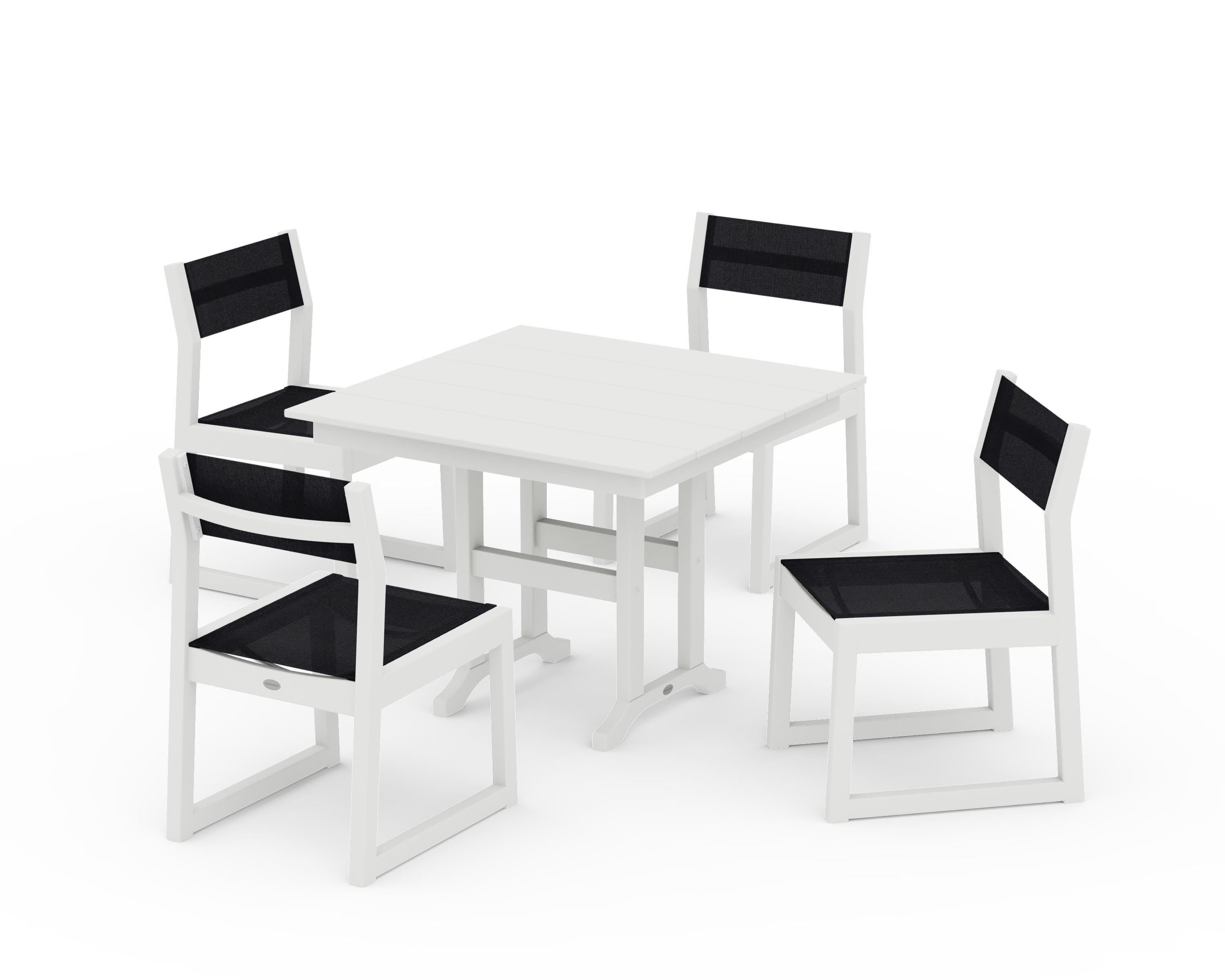 POLYWOOD EDGE Sling Side Chair 5-Piece Farmhouse Dining Set in Vintage White / Black Sling