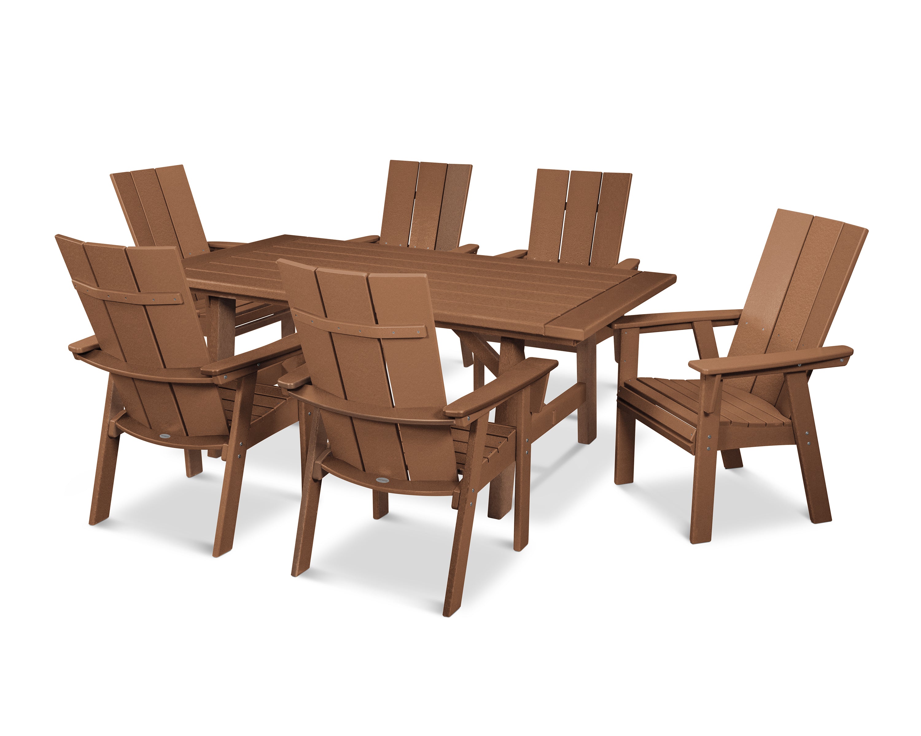 POLYWOOD® Modern Curveback Adirondack 7-Piece Rustic Farmhouse Dining Set in Teak