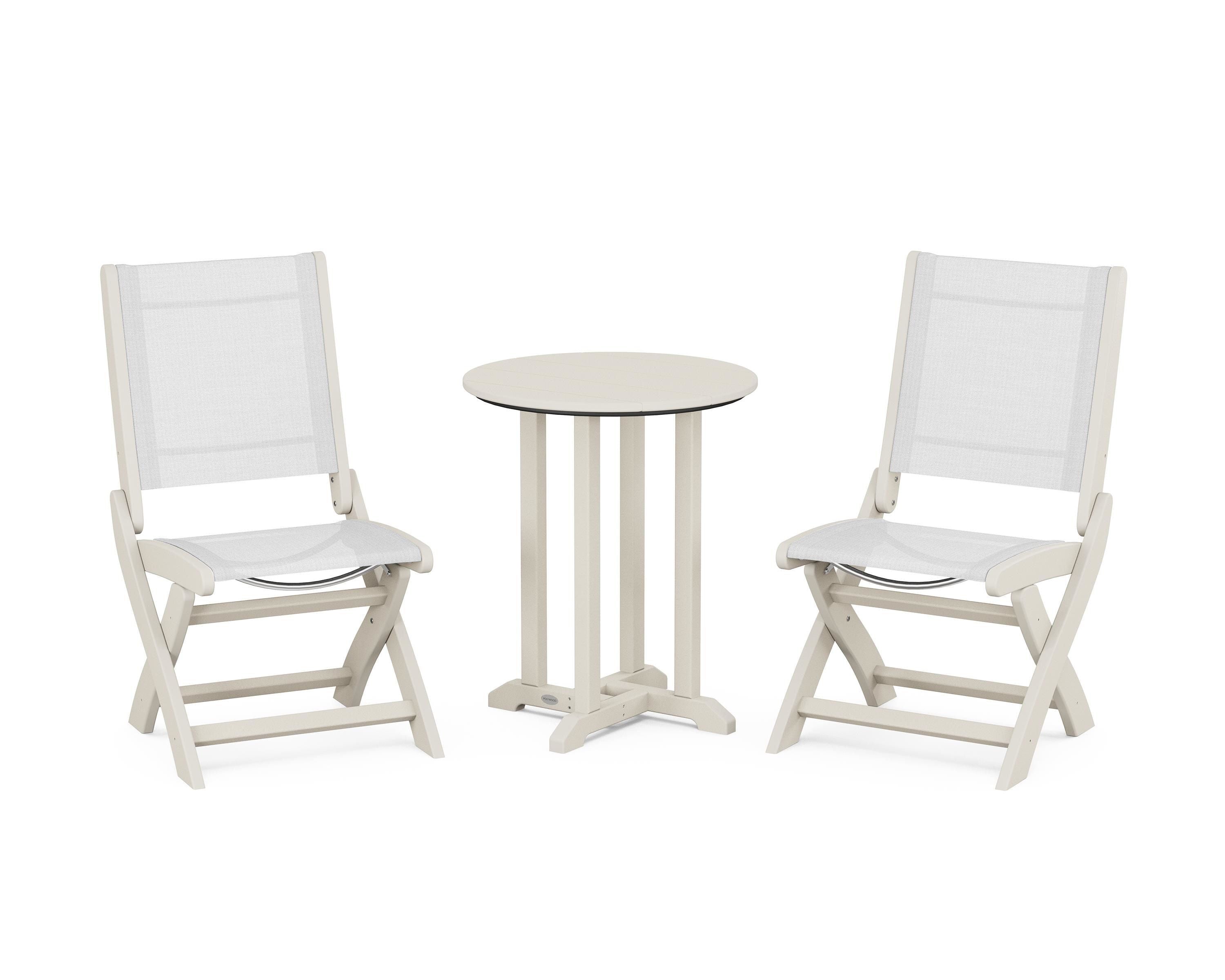 POLYWOOD Coastal Folding Side Chair 3-Piece Round Bistro Dining Set in Sand / White Sling