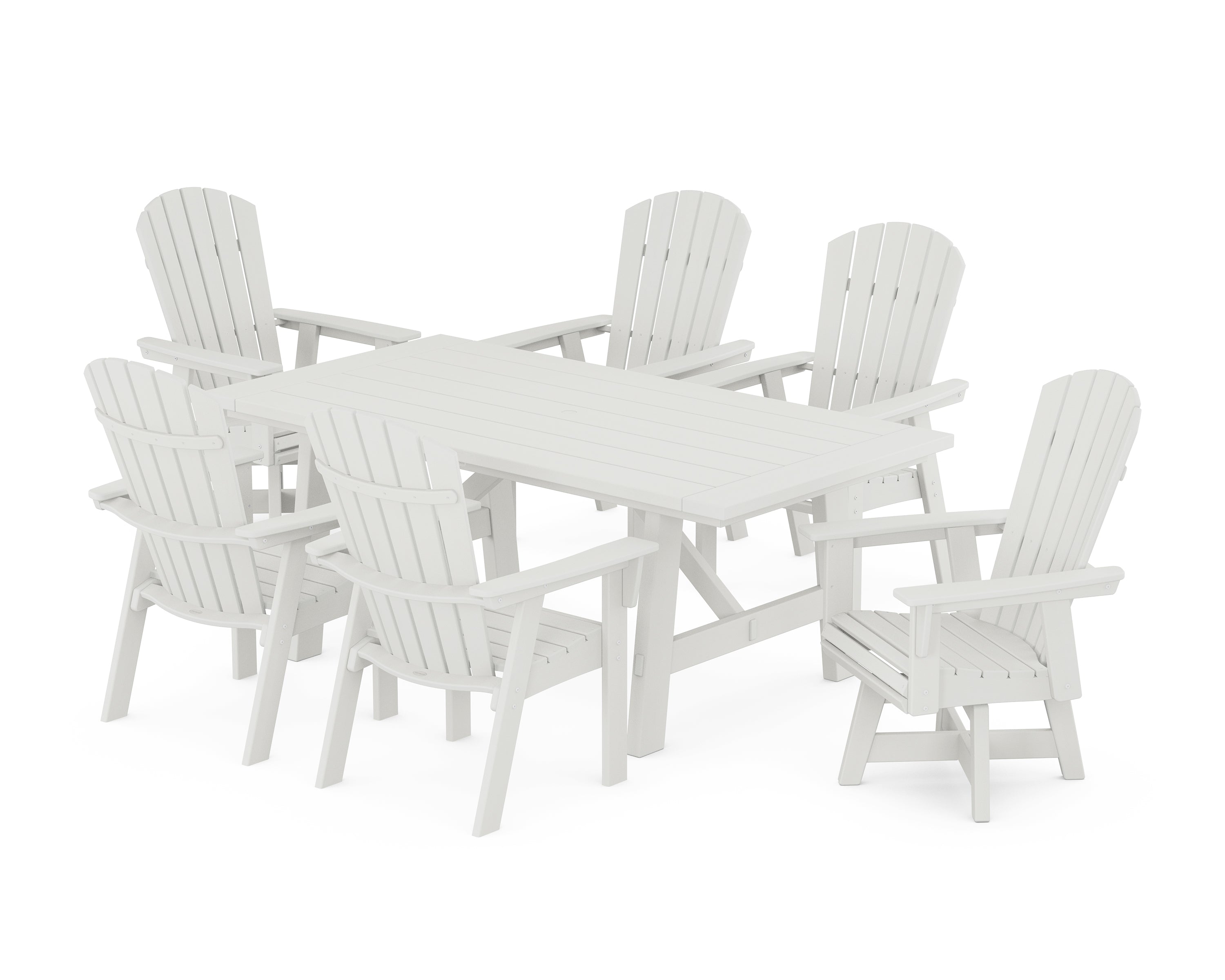 POLYWOOD® Nautical Curveback Adirondack Swivel Chair 7-Piece Rustic Farmhouse Dining Set in Vintage White