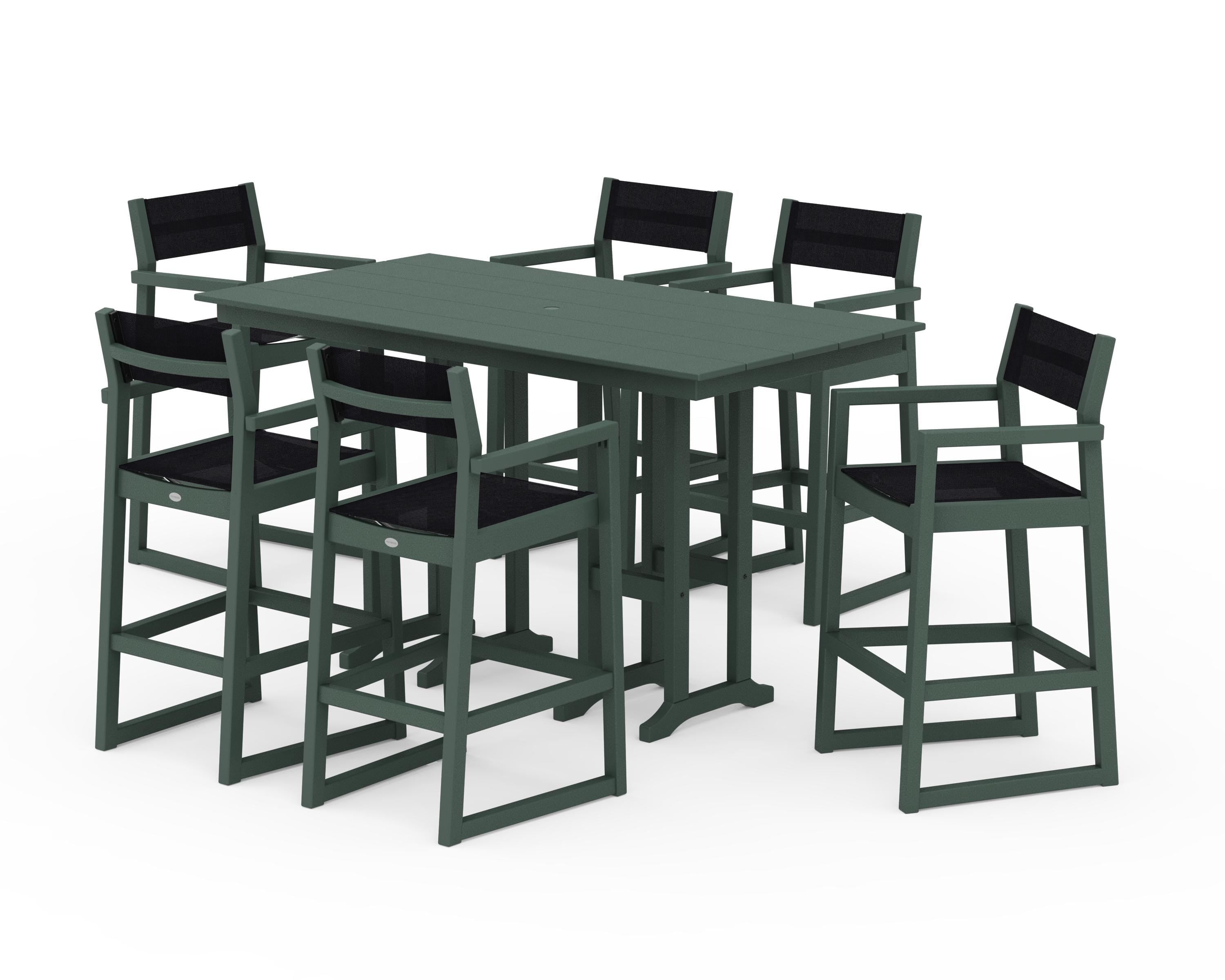 POLYWOOD EDGE Sling Arm Chair 7-Piece Farmhouse Bar Set in Green / Black Sling