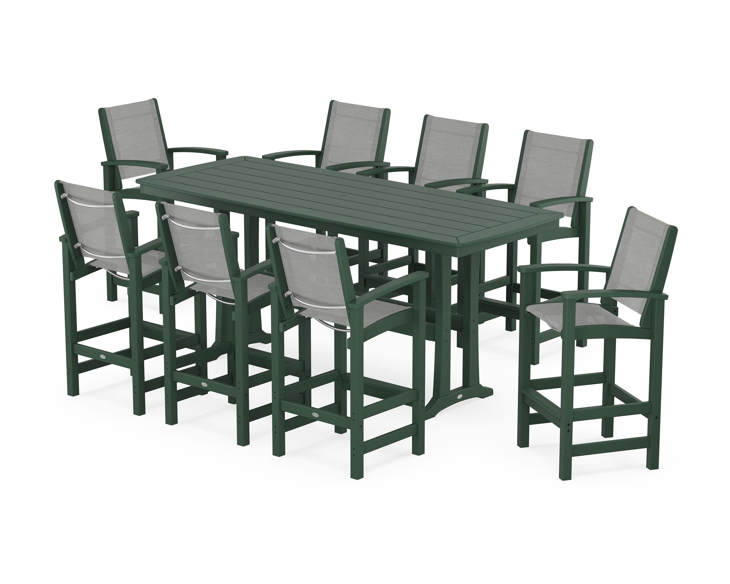 POLYWOOD Coastal 9-Piece Bar Set with Trestle Legs in Green / Metallic Sling