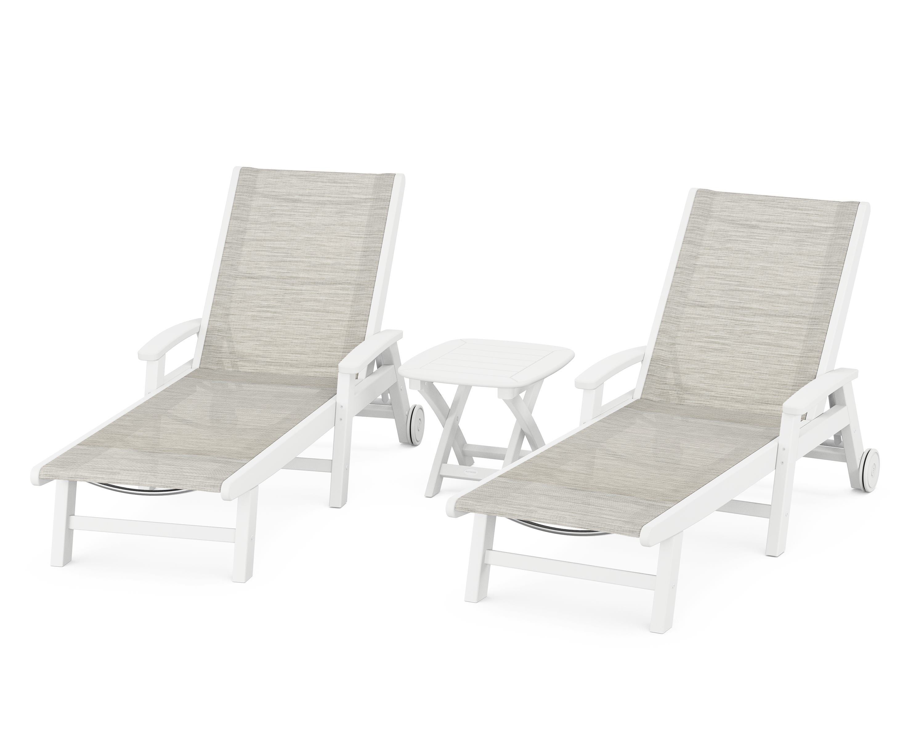 POLYWOOD Coastal 3-Piece Wheeled Chaise Set in White / Birch Sling