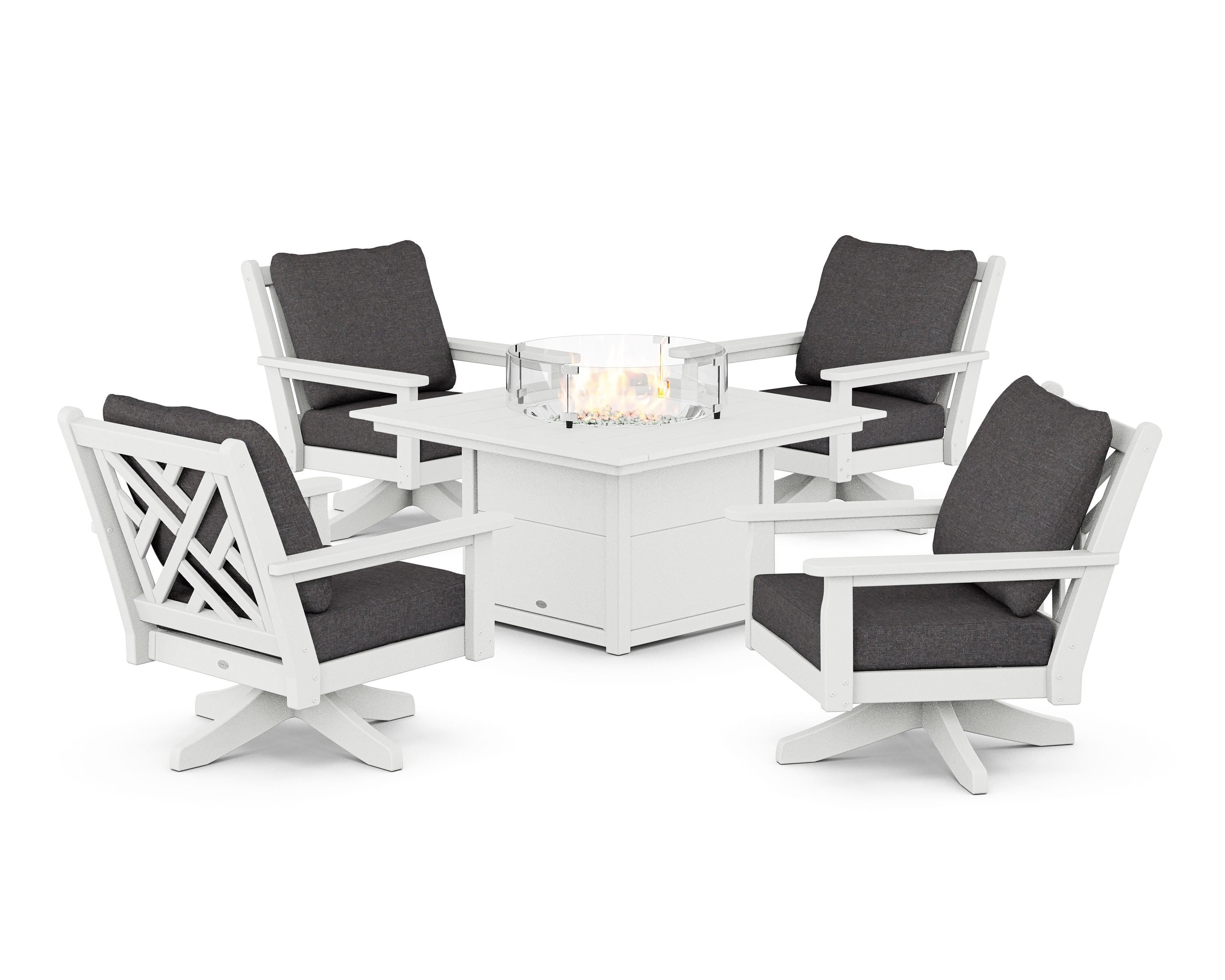 POLYWOOD Chippendale 5-Piece Deep Seating Swivel Conversation Set with Fire Pit Table in White / Ash Charcoal